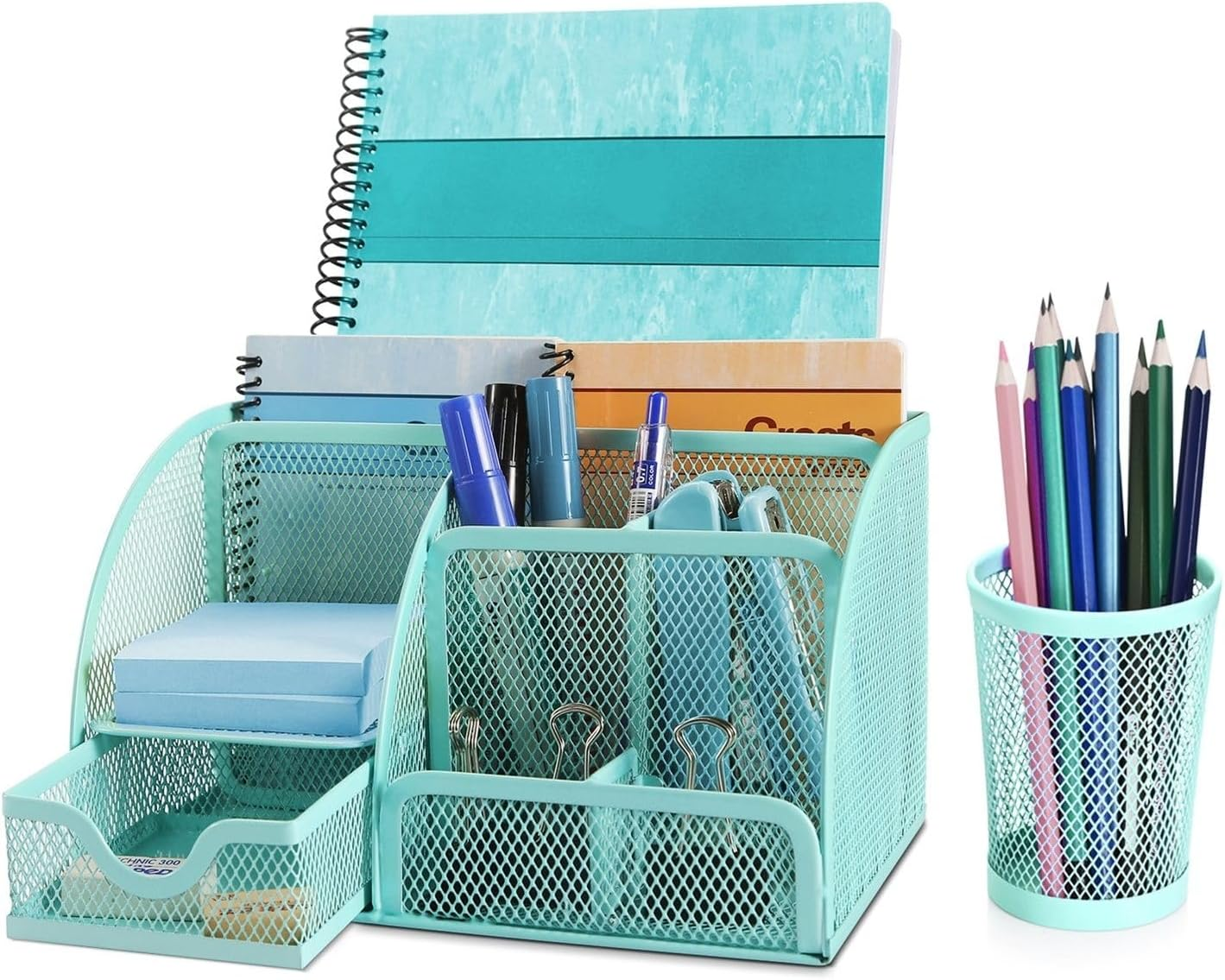 Flexzion Metal Mesh Office Supplies Organizer Caddy with 6 Compartments, Drawer and Pen Holder - Purple Desk Accessories Set for Women, Men, Students