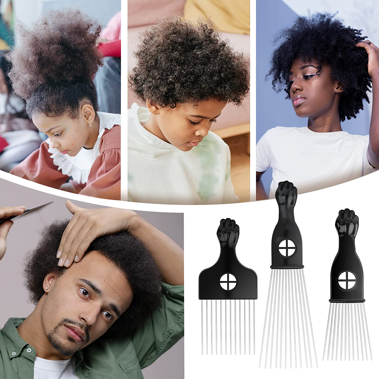 Beauty7 Hair Pick Afro Styling Pick & Lift Comb Afro Pick Lift Hair Styling Comb for African Square Wave Black(Size: M) image number 5