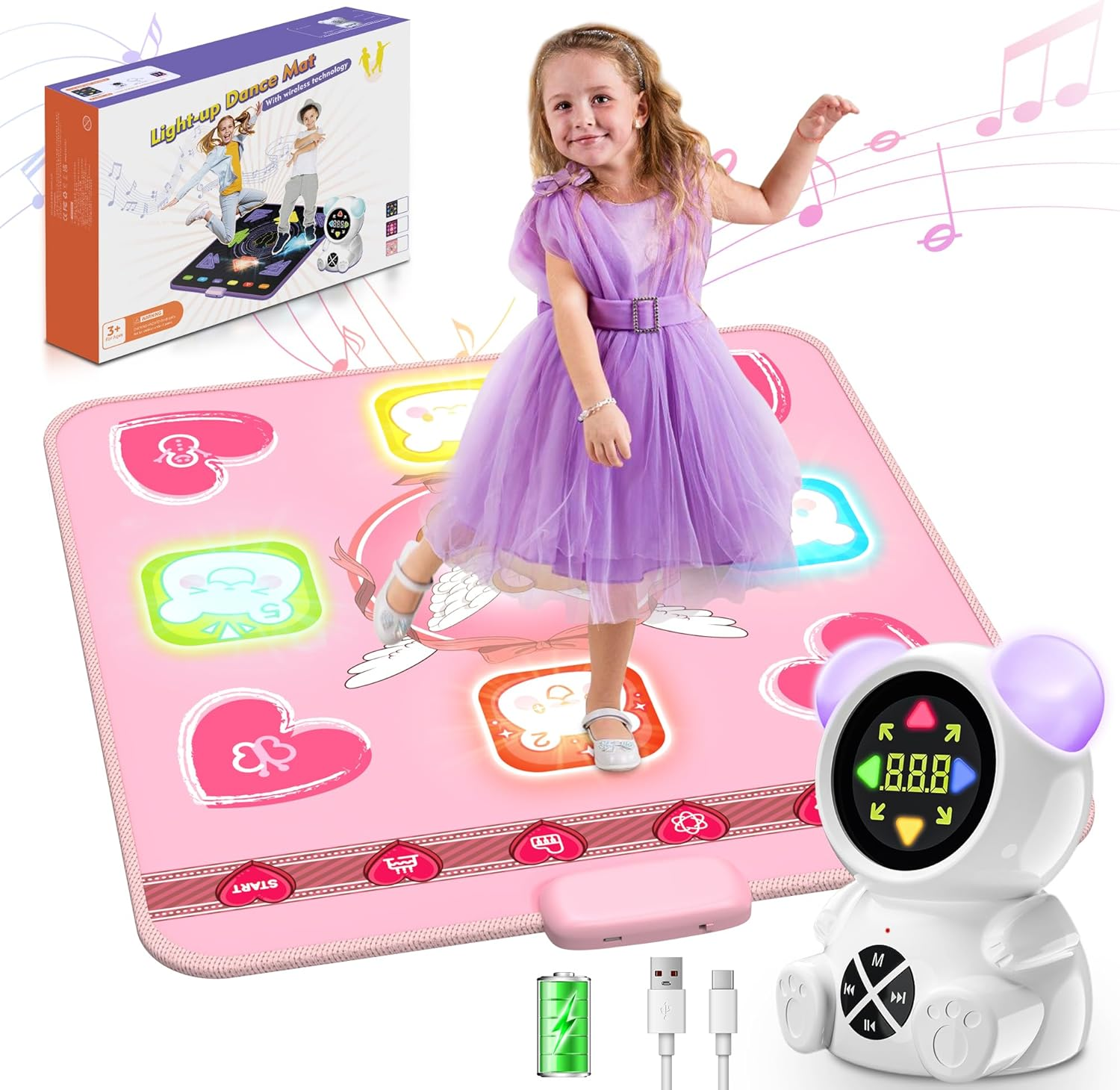 Dance Mat Toys for Girls, Light up Dance Pad with Wireless Bluetooth, Rechargeable & Portable Dance Mat for Kids, Birthday Gifts for 3 4 5 6 7 8 9+ Years Old Kids (Pink) image number 1