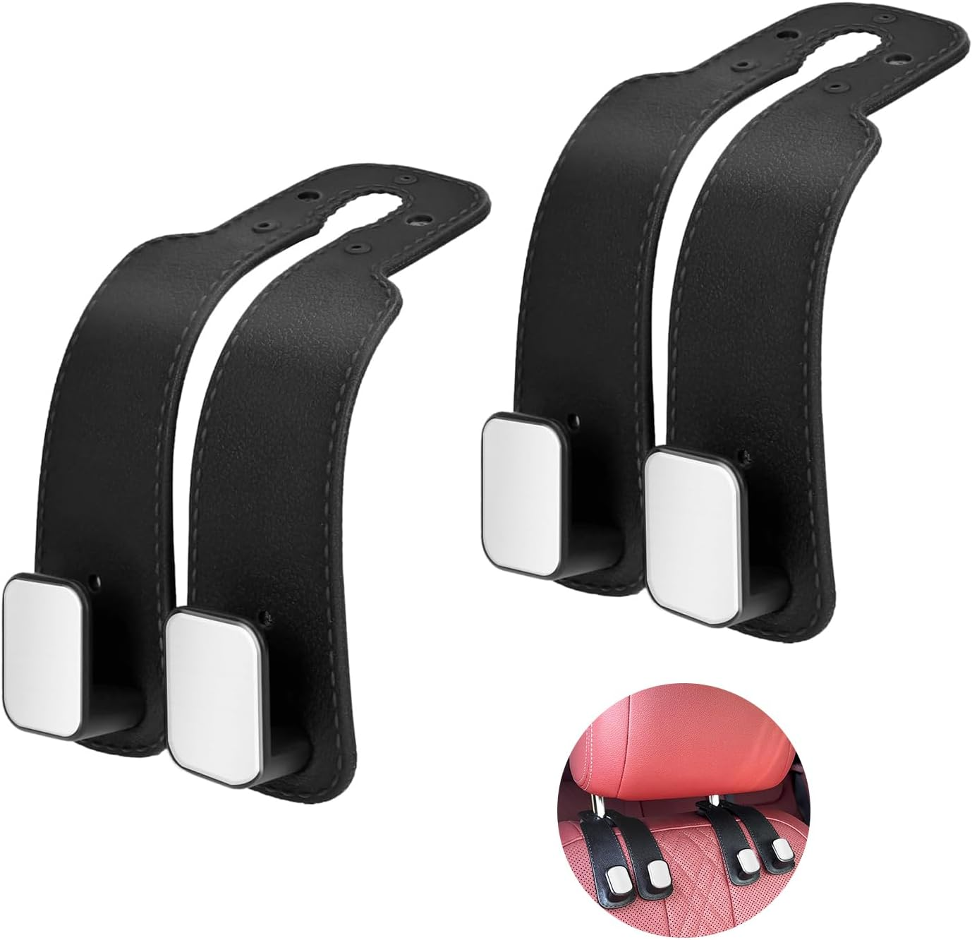 Topbine 2Pcs Car Hooks for Headrest,Automotive Seat Back Hooks, Leather Car Seat Headrest Double Hooks (Black) image number 6