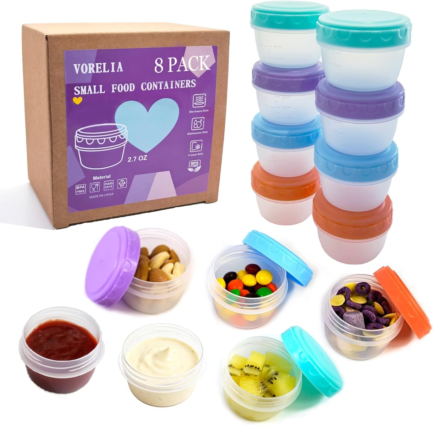 VORELIA 8 Pack 2.7 OZ Snack Containers with Lids, Reusable Sauce Container for To-Go Sauce, Salad Dressings, Condiment, Snackle Box for Nuts, Snacks, Purees, Travel Snack, Dishwasher Safe image number 5