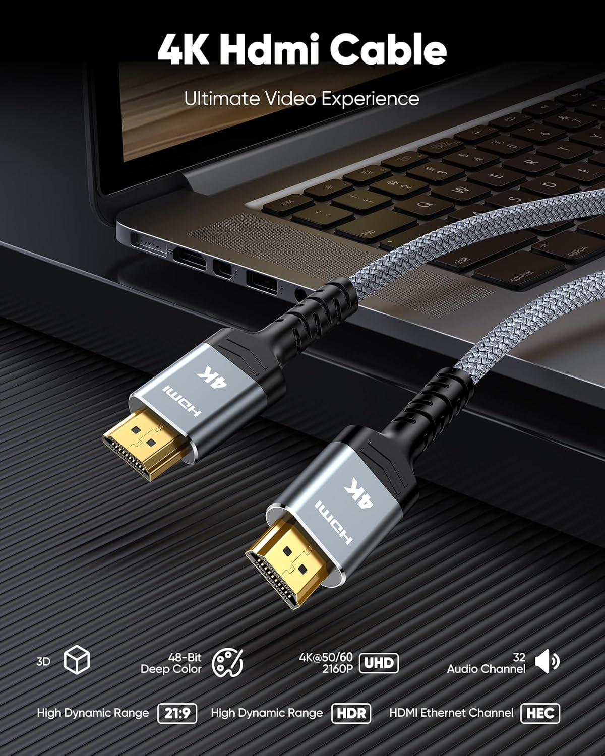 Highwings 4K HDMI 2.0 Cable 2M - 4K@60Hz HDR Braided HDMI Cord, 18Gbps High Speed with Ethernet/Arc, 3D, HDCP 2.2, ARC, Compatible for PS-5/4/3/4K Hdtv/Monitor/Projector/Streaming Media image number 2