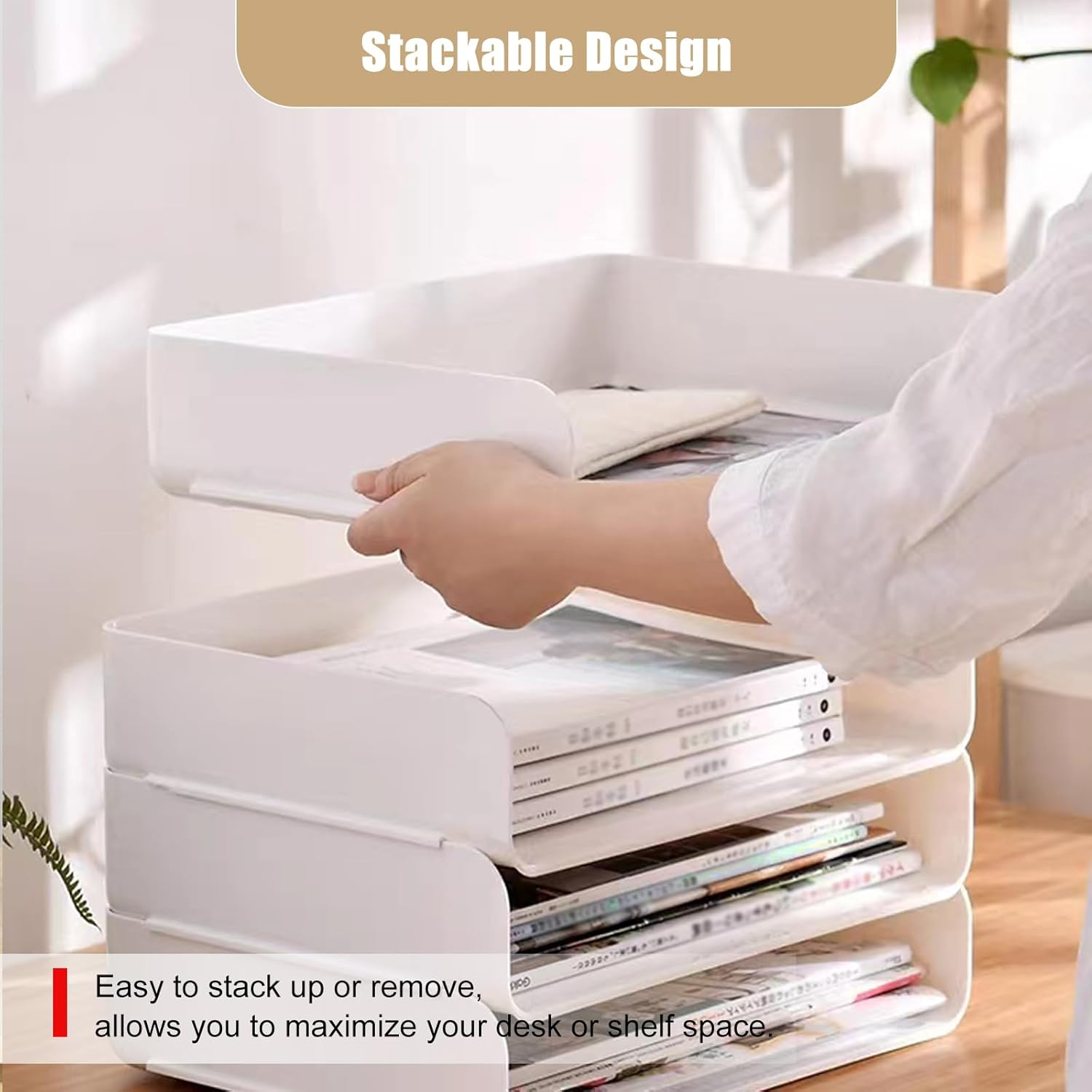 4 Tier Desk Organizer, Stackable Paper Tray Organizer for Document, Letter, A4 File Paper, Desk Accessories, Notes, Pens (White, 4 Pack) image number 2