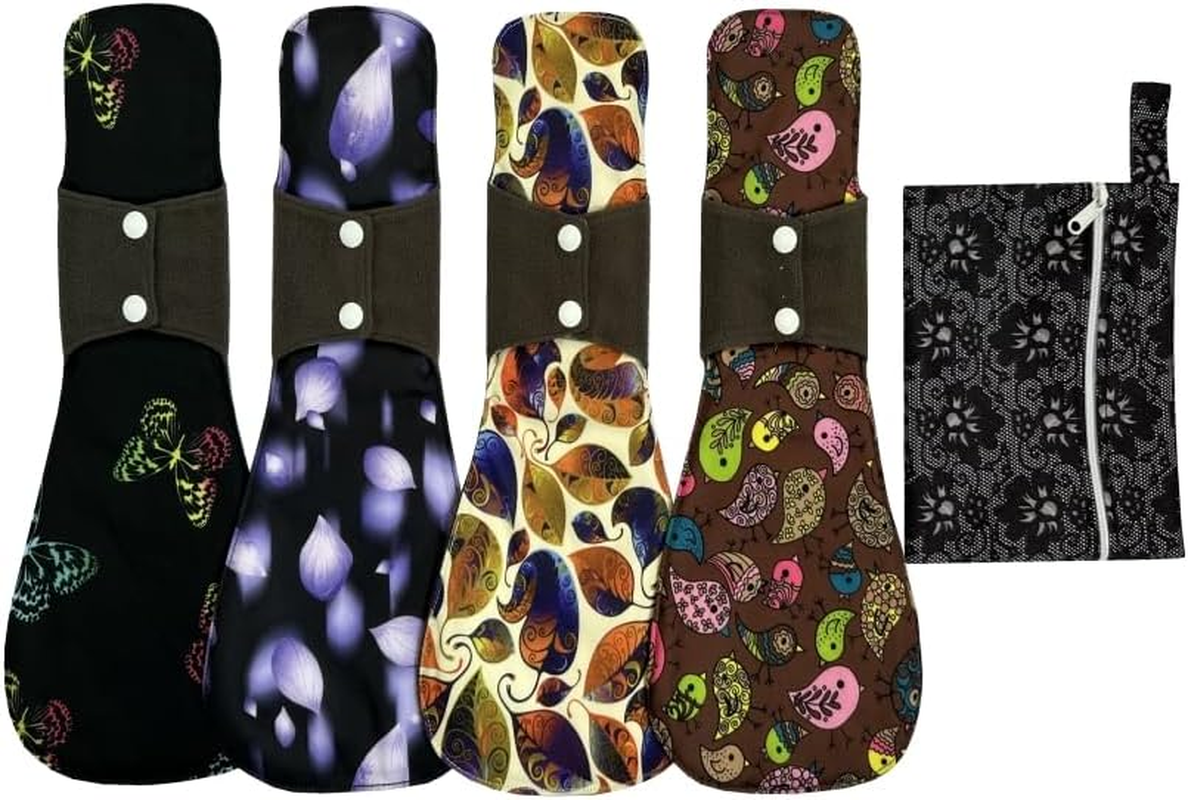 5Pcs Set 1Pcs Mini Wet Bag + 4 Pieces 14 Inch Overnight Charcoal Bamboo Mama Cloth/Menstrual Pads/Reusable Sanitary Pads (Flamingo)