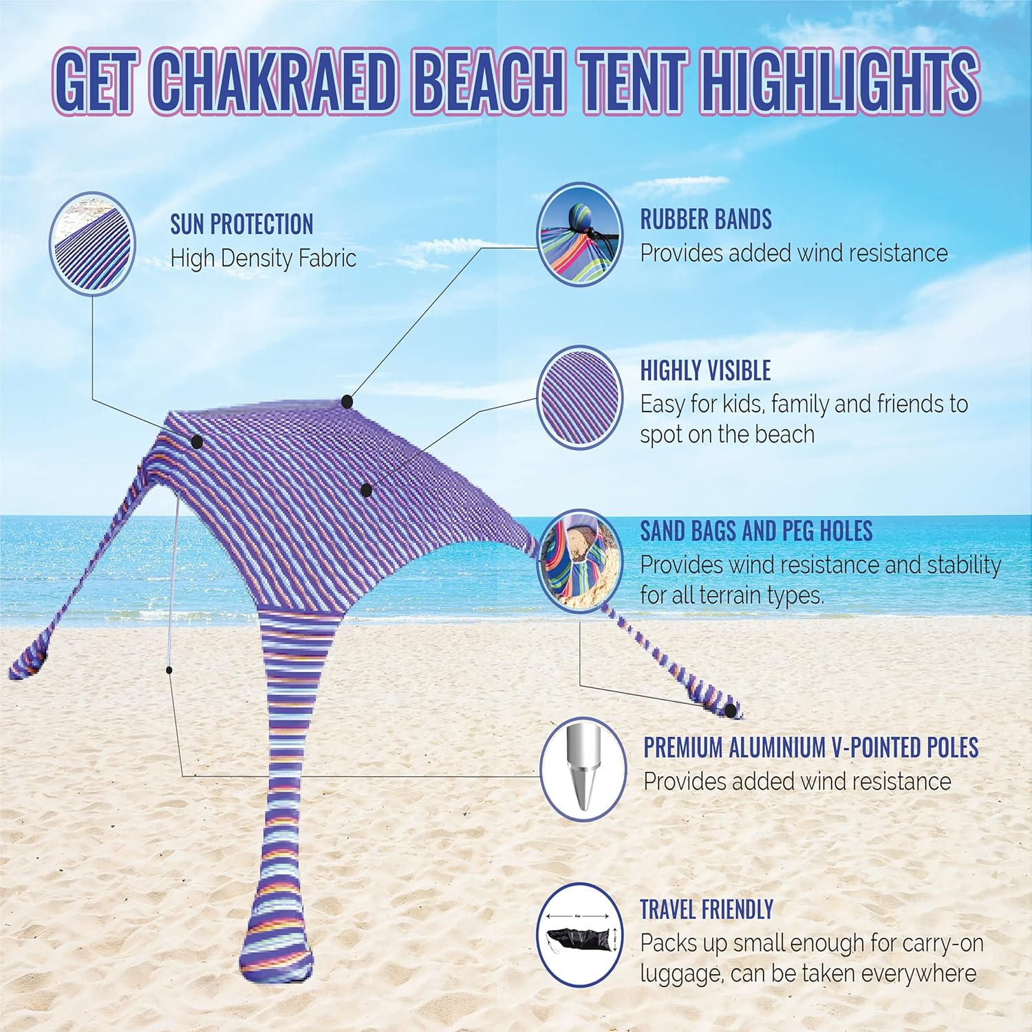 Pop up Beach Tent - Beach Sun Shade with UV Light Protection, 210 X 210 Cm Beach Canopy Sun Shelter for Beach, Camping and Outdoors image number 5