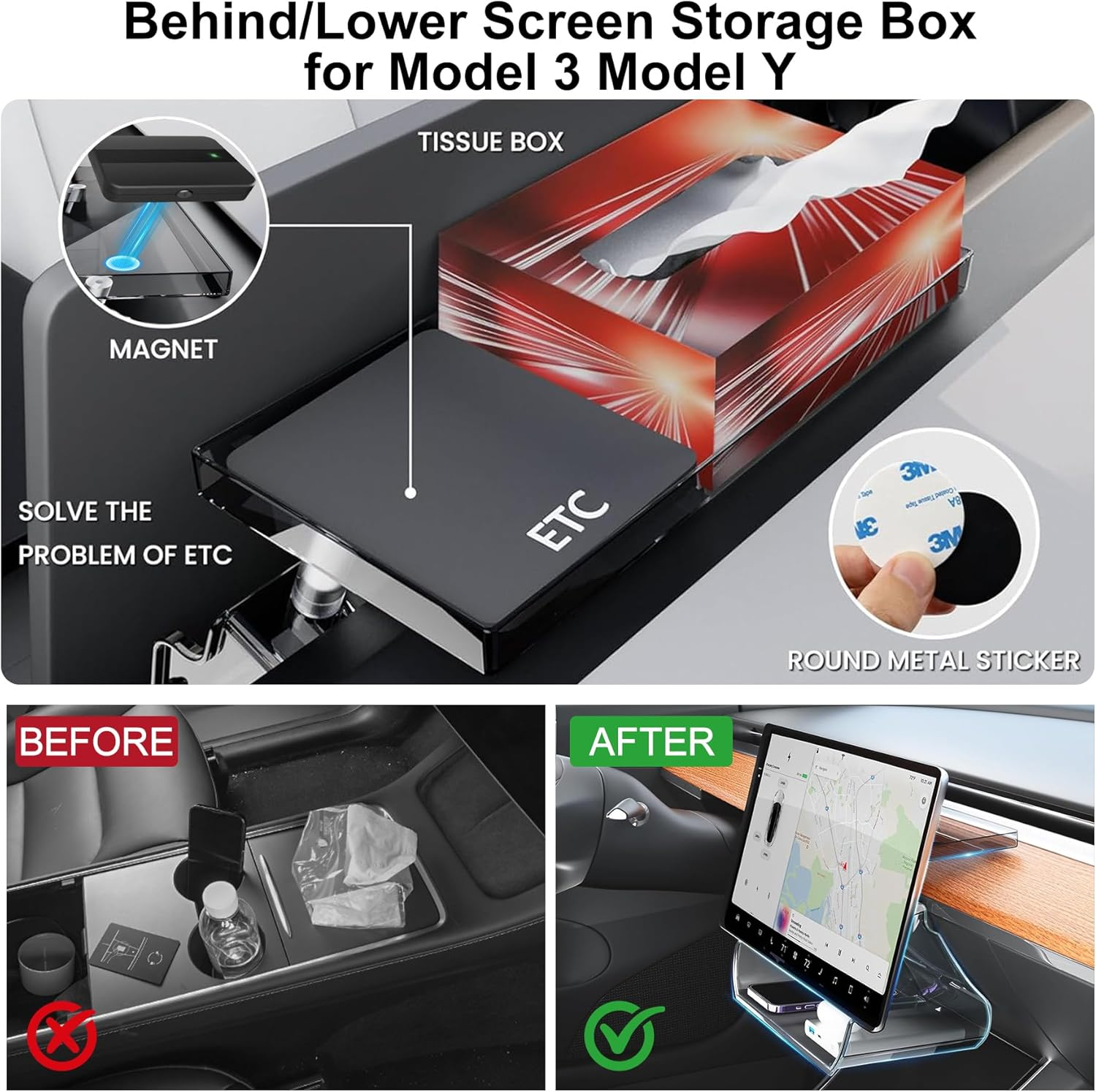 Car Center Console Organizer for Tesla Model Y 2025 Refreshed (Juniper), under Screen Storage Box Magnetic Tray Dashboard Tissue Holder for Tesla Model 3 Highland 2026-2024 Accessories (Clear) image number 6
