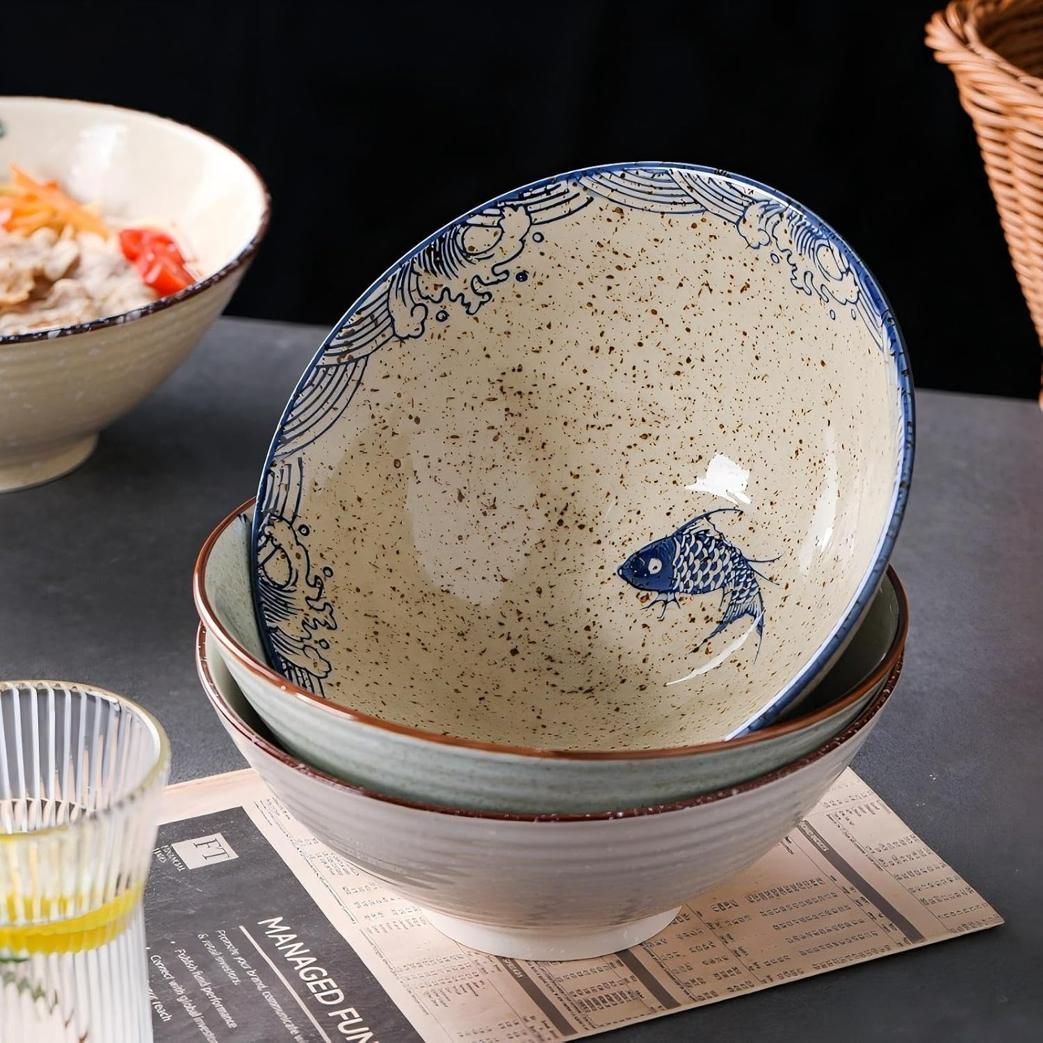 Ramen Ceramic Bowl Set, 2 X 1200 Ml Japanese Tableware with Chopsticks and Spoon, Premium Large Pasta Bowls, Soup Bowls, Salad Bowls for Pho Ramen image number 5