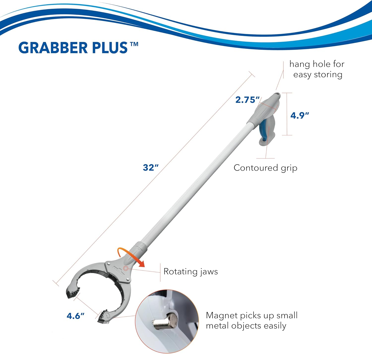 Unger Grabber plus Reacher Lightweight Multi-Purpose Pickup Tool with Ergonomic Trigger Grip, 360 Degree Rotating Head, and Magnetic Tip, 32",Green image number 1