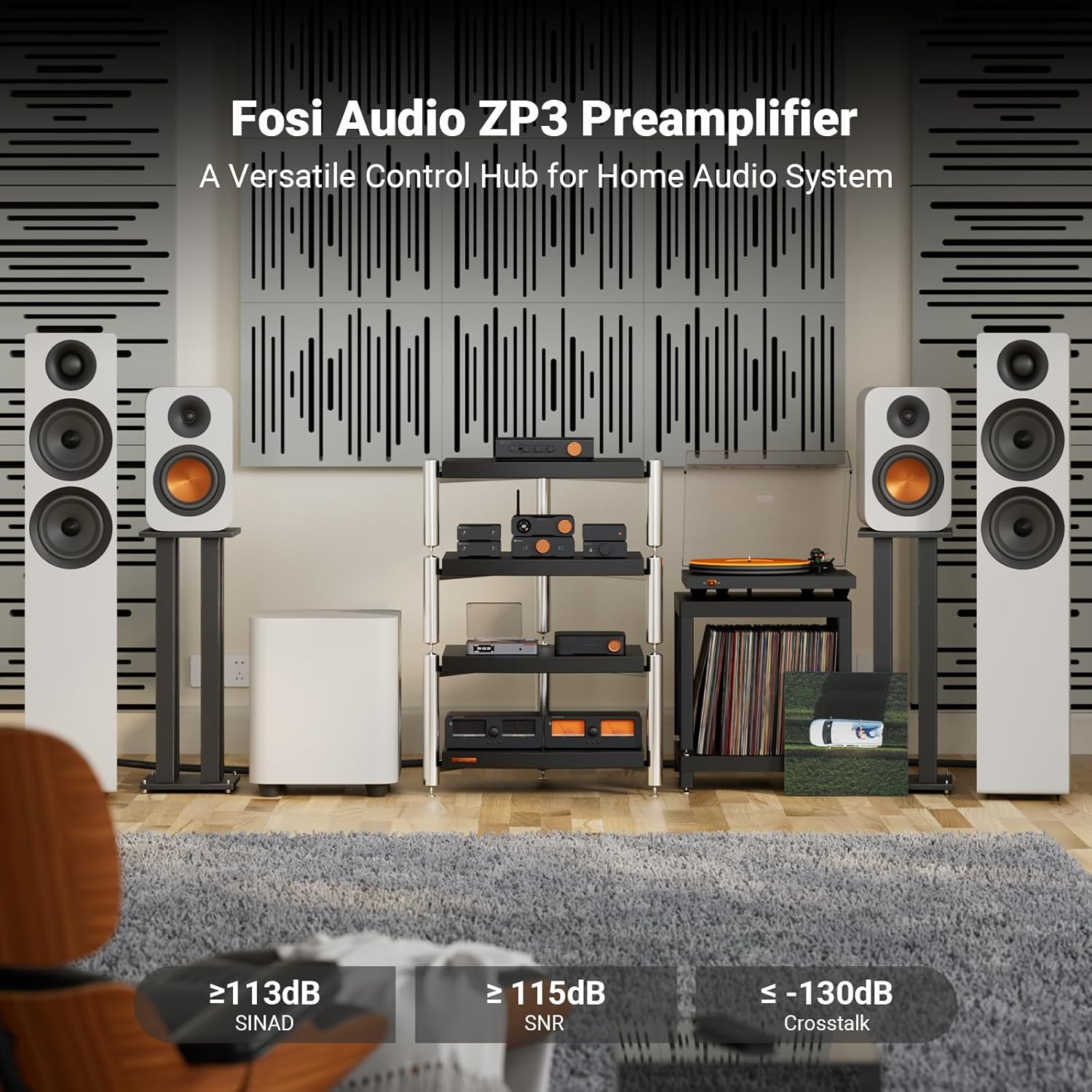 Fosi Audio ZP3 Balanced Preamp for Home Audio, 2 RCA and 1 XLR Inputs, RCA/XLR Outputs and Sub-Out, Pre Amp for 2 Channel Stereo and 2.1 Setup, Pre Amplifier with HPF High Pass Filter and Tone Control image number 1