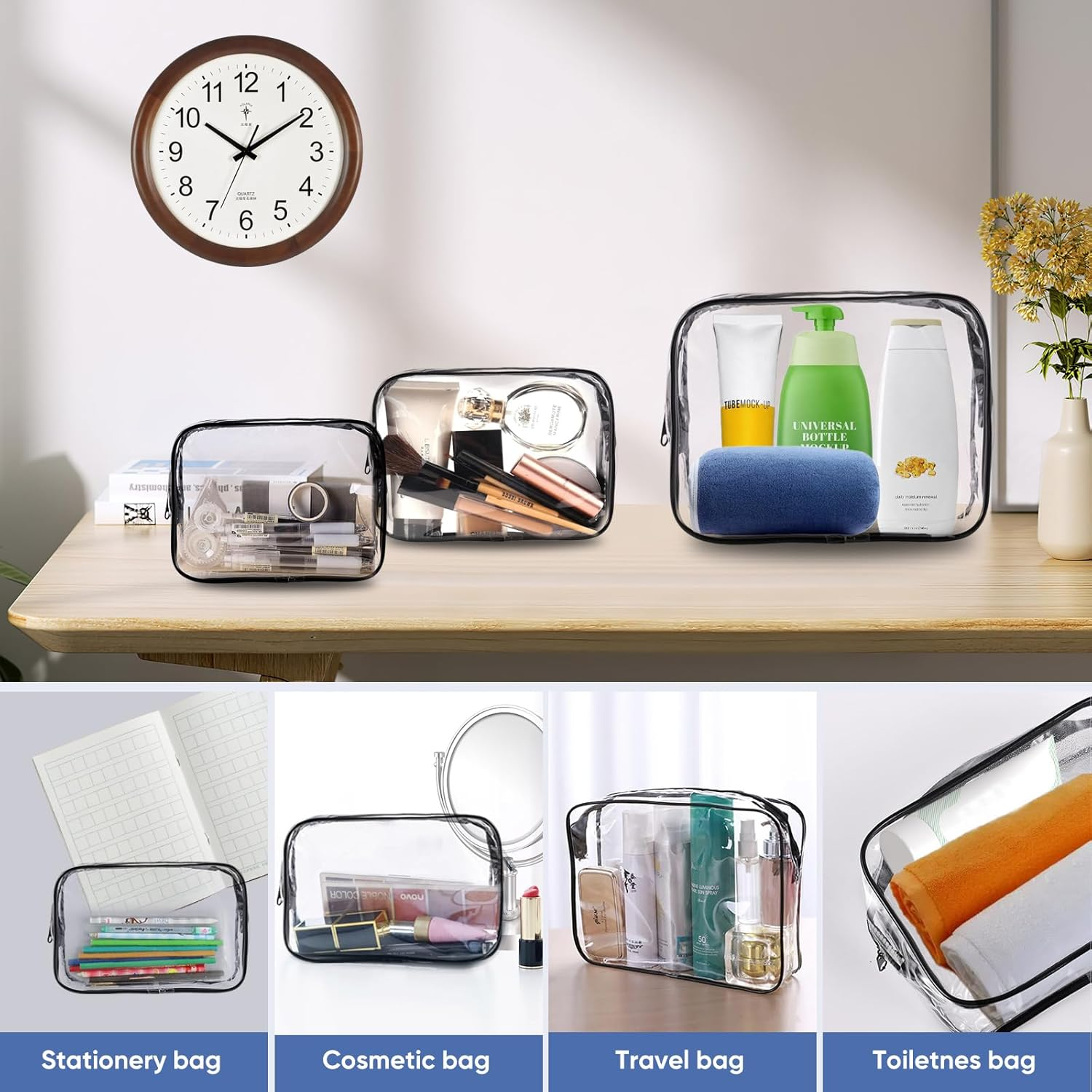 4 Pcs Large Clear Makeup Cosmetic Toiletry Organizer Bag,Clear Makeup Bags DIY Clear Cosmetic Bags Transparent PVC Waterproof Snack Bag Travel Clear Toiletry Bag for Women - 6 Pack image number 6