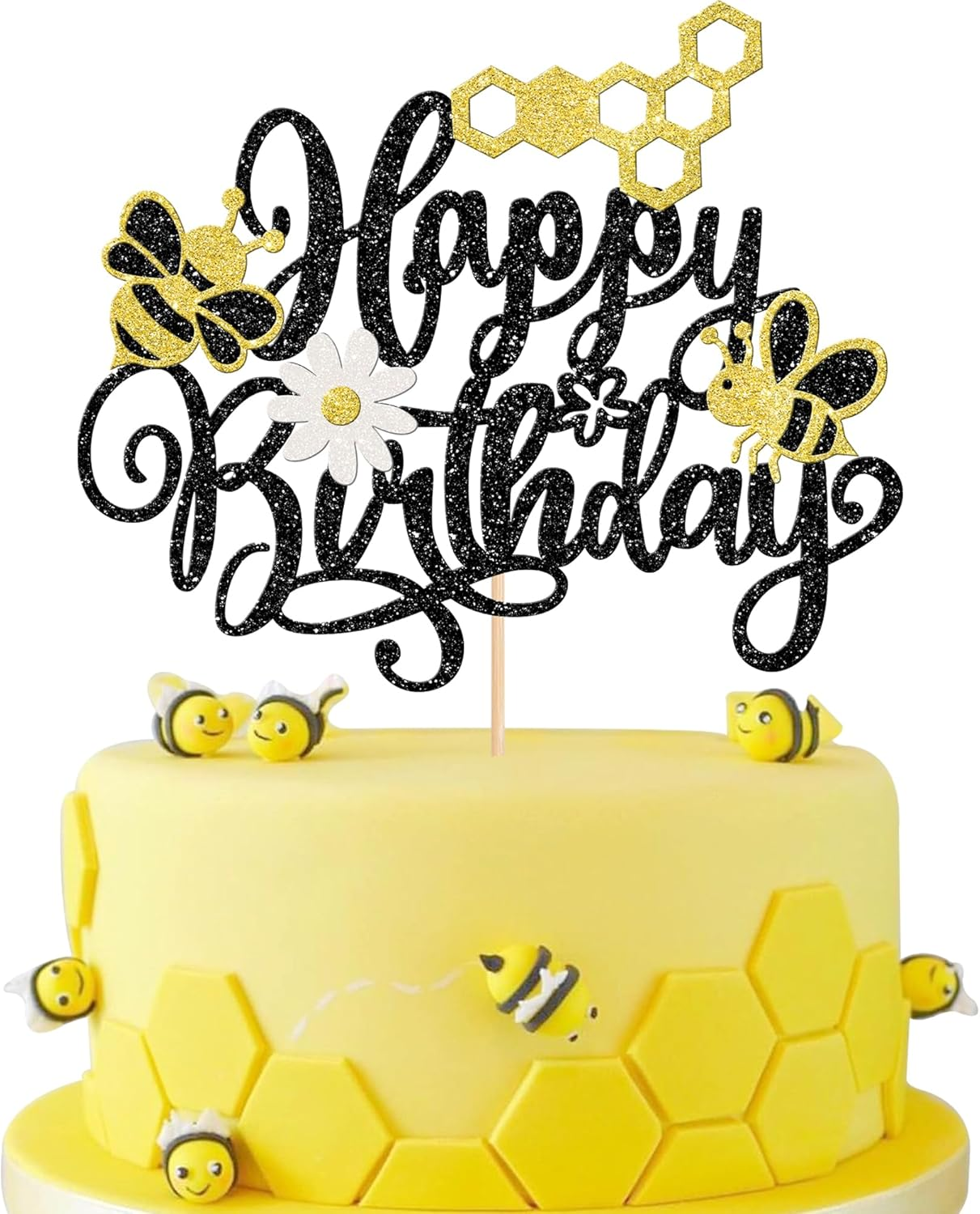 SYKYCTCY 1 Pack Bee Flower Happy Birthday Cake Topper Glitter Honeycomb Cake Pick for Bee Theme Baby Shower Kids Birthday Party Cake Decorations Supplies Black image number 1