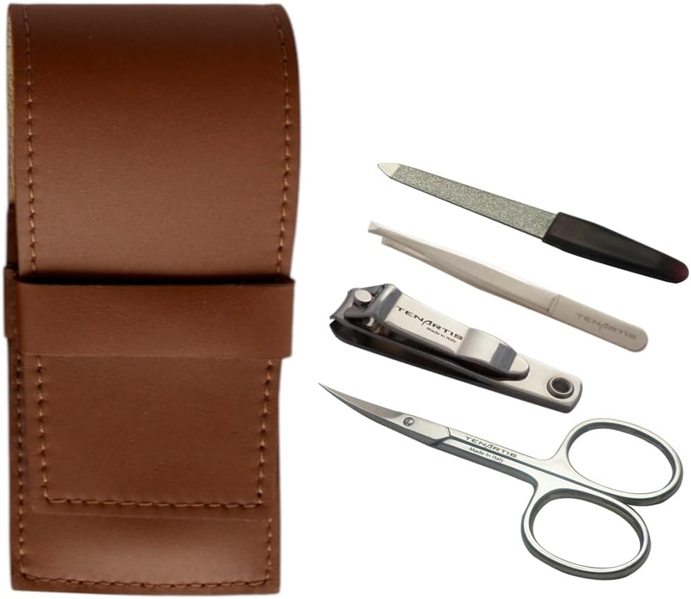 4-Piece Manicure Case with Nail Clippers Made of Genuine Leather Tenartis Made in Italy (Brown)