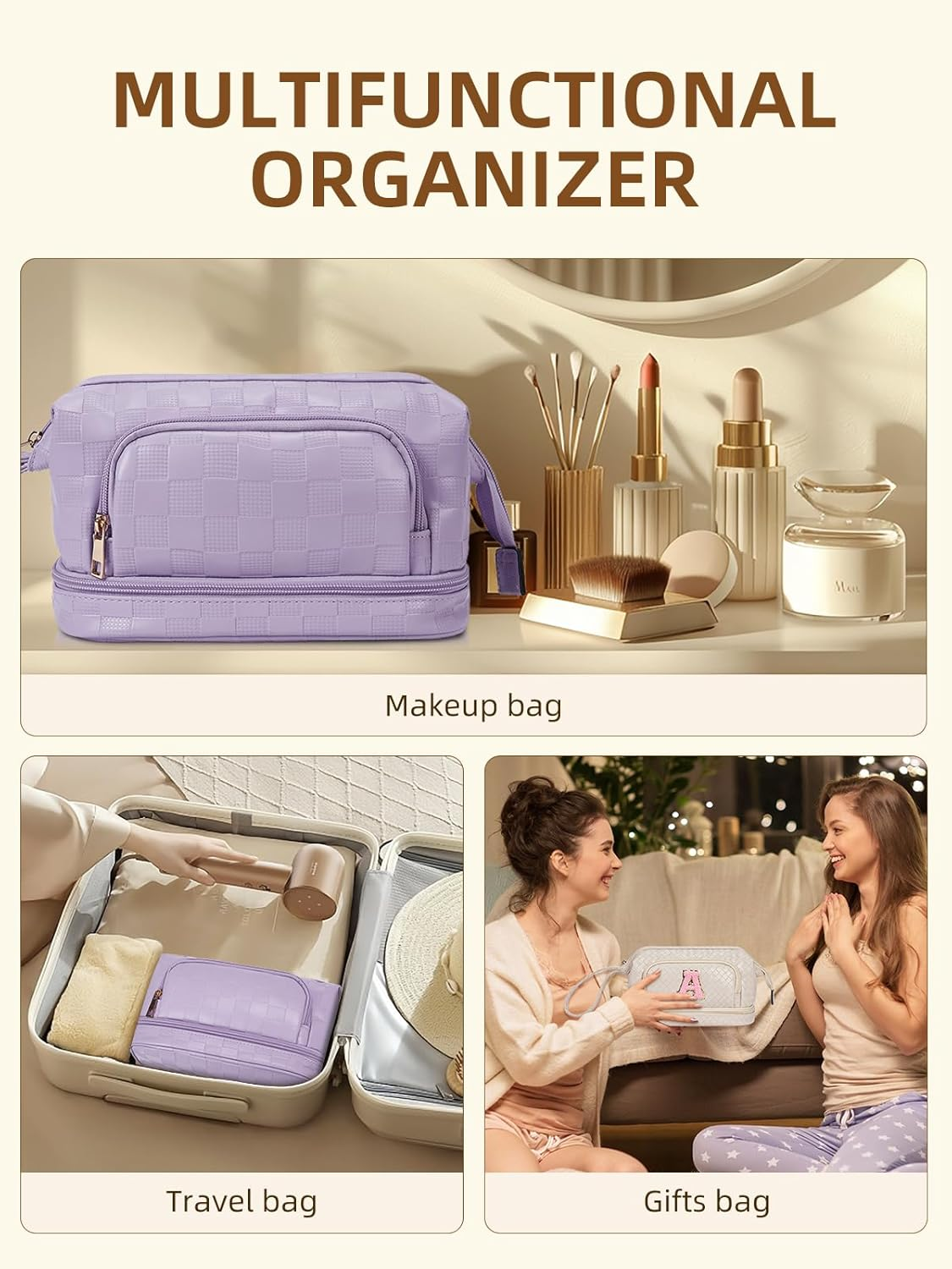 DDPOND Makeup Bag Large Capacity Travel Cosmetic Bags Double Layer Portable Leather Make up for Women (Apricot - Square) - 1 - Beige With Brown image number 3