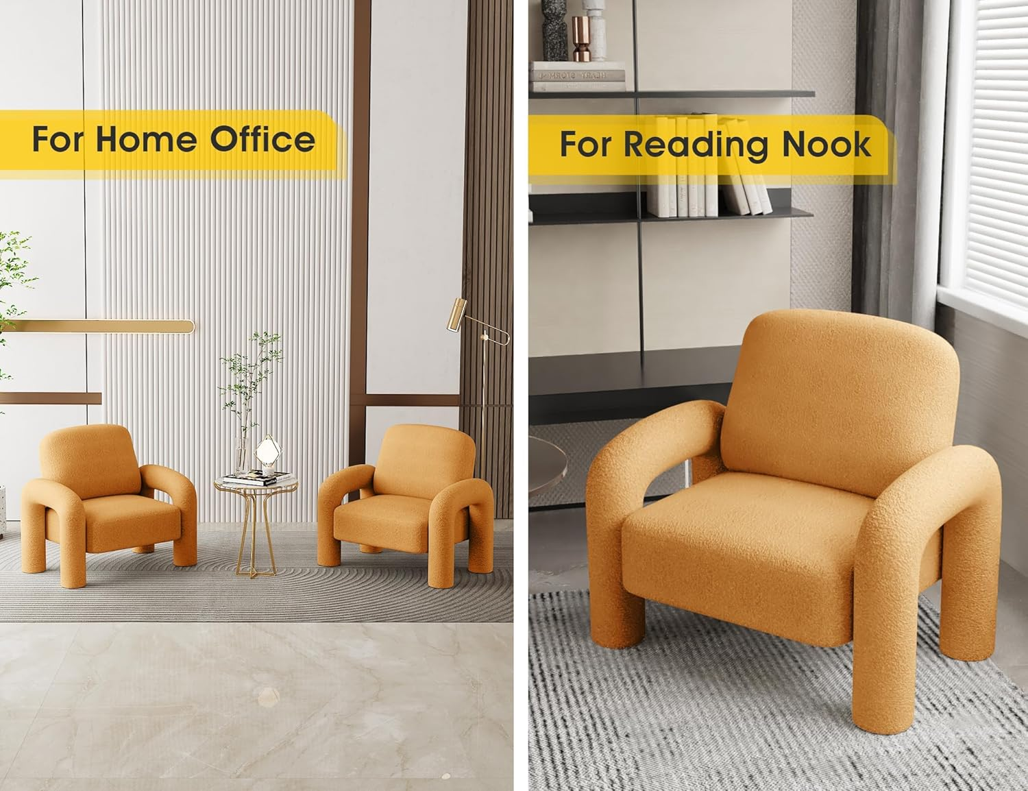 Modern Sherpa Accent Chair, Teddy Upholstered Arm Single Sofa, Cozy Fluffy Reading Chair for Living Room, Bedrooms, Corner (Yellow)