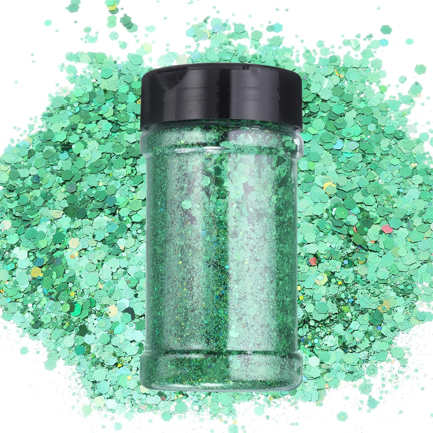 Uxcell Holographic Chunky Glitters 3.5Oz/100G Laser Green Holographic Glitters Powder Mixed Chunky & Fine Flakes Iridescent Sequins for Nail, Hair image number 1