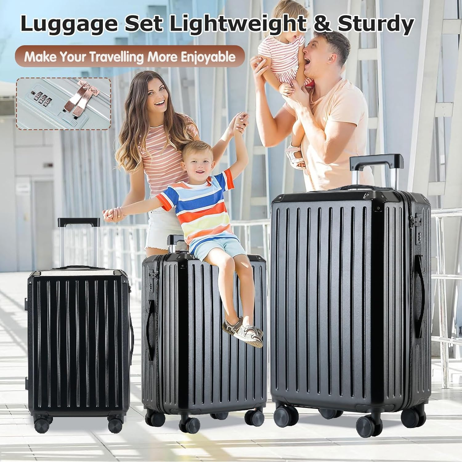 LIODUX 3 Piece Luggage Sets, 20/24/28In Expandable Hardshell Luggage, Hardside Lightweight Durable Carry on Suitcase Sets with Spinner Wheels and Two Hooks (Black) image number 1