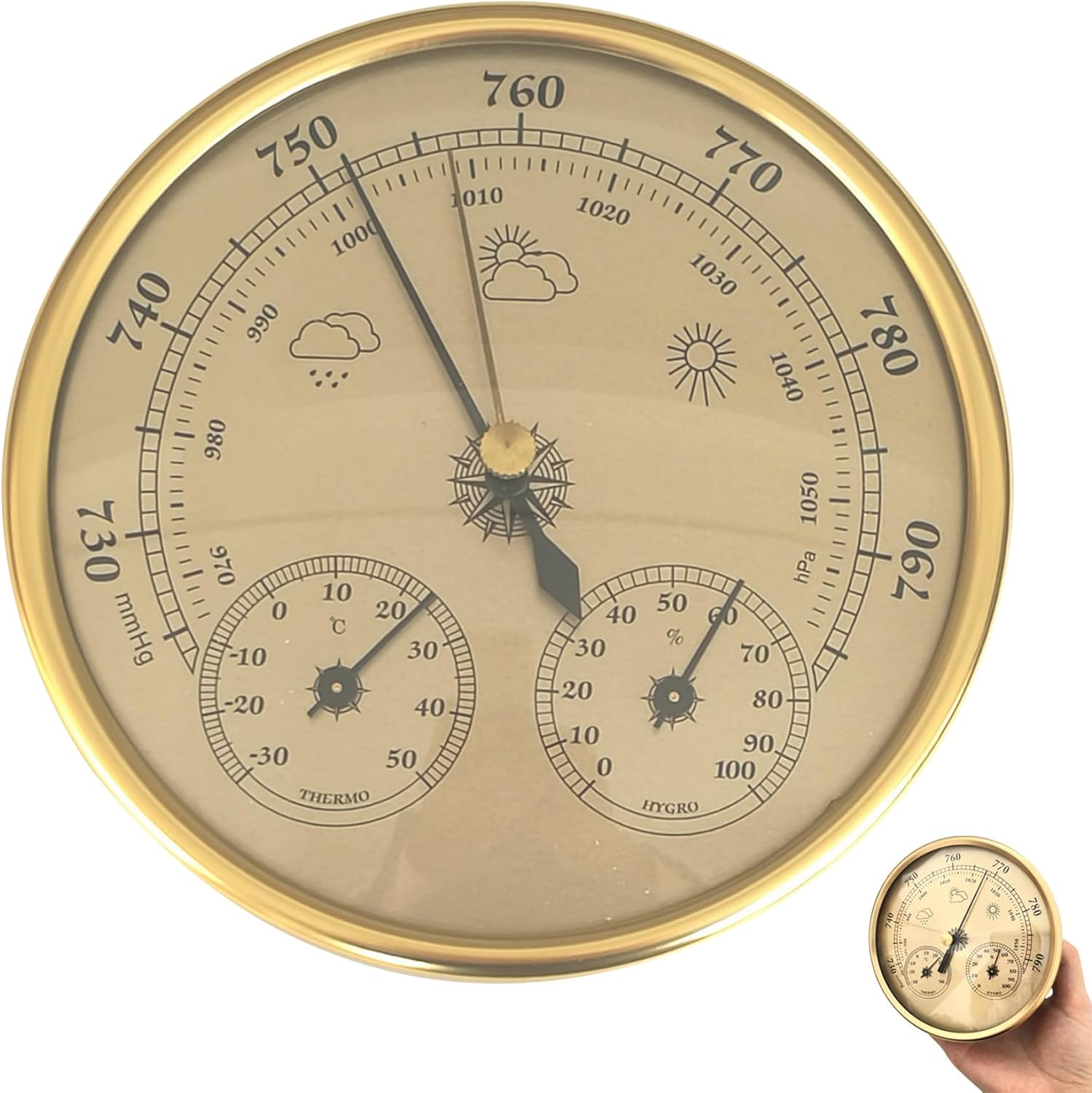 Barometer Indoor Barometer Indoor 5" Metal Barometer Thermometer Hygrometer Golden Weather Barometer with Temperature Humidity Weather Station for Indoor Outdoor image number 6