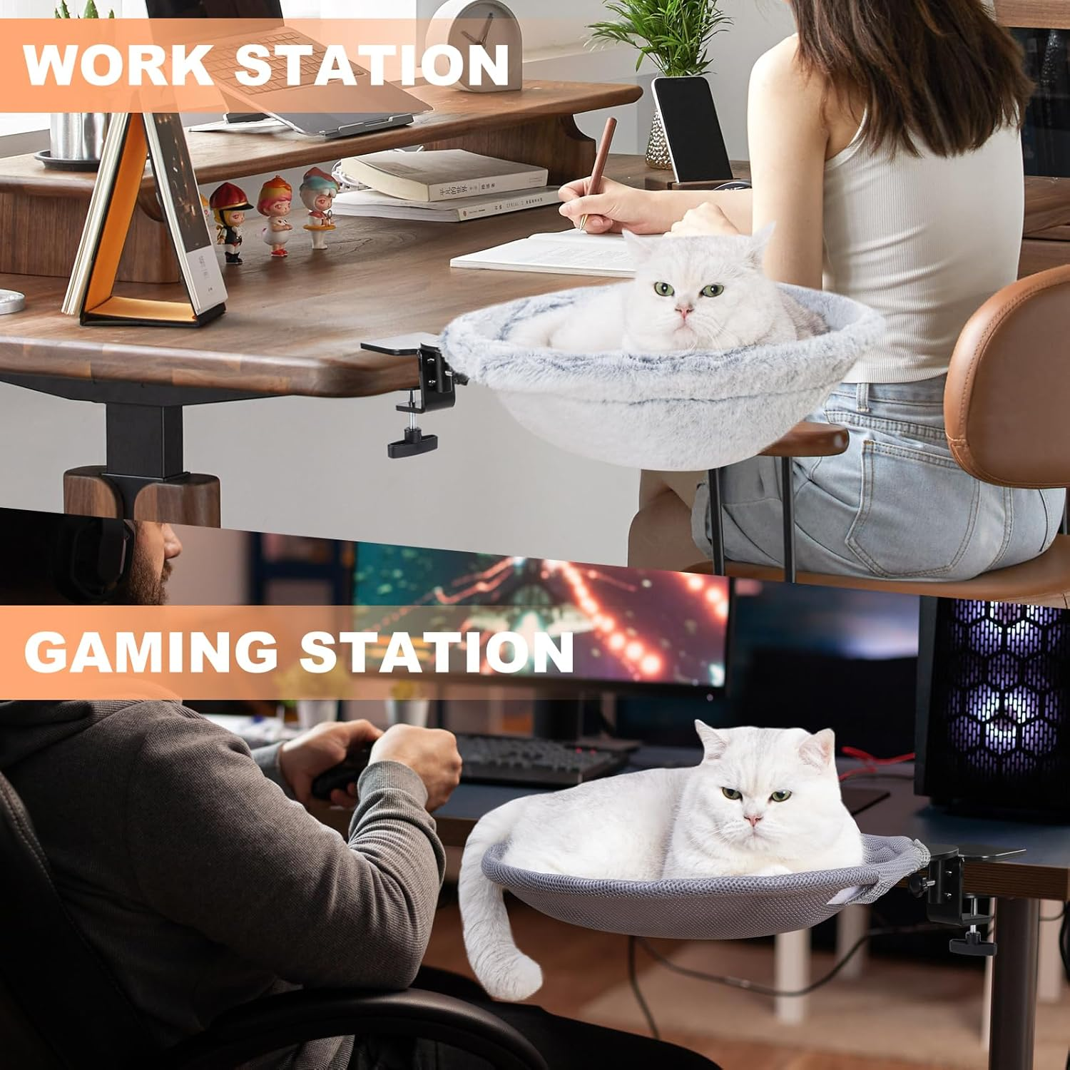 Uross Cat Desk Bed - 180&deg; Rotating Soft & Comfortable Rabbit Fur Bed Cat Hammock, Modern Indoor Cat Nest Furniture for Office Desks and Game Tables, Island Table-Supports 23 KG (Lightgrey) image number 2