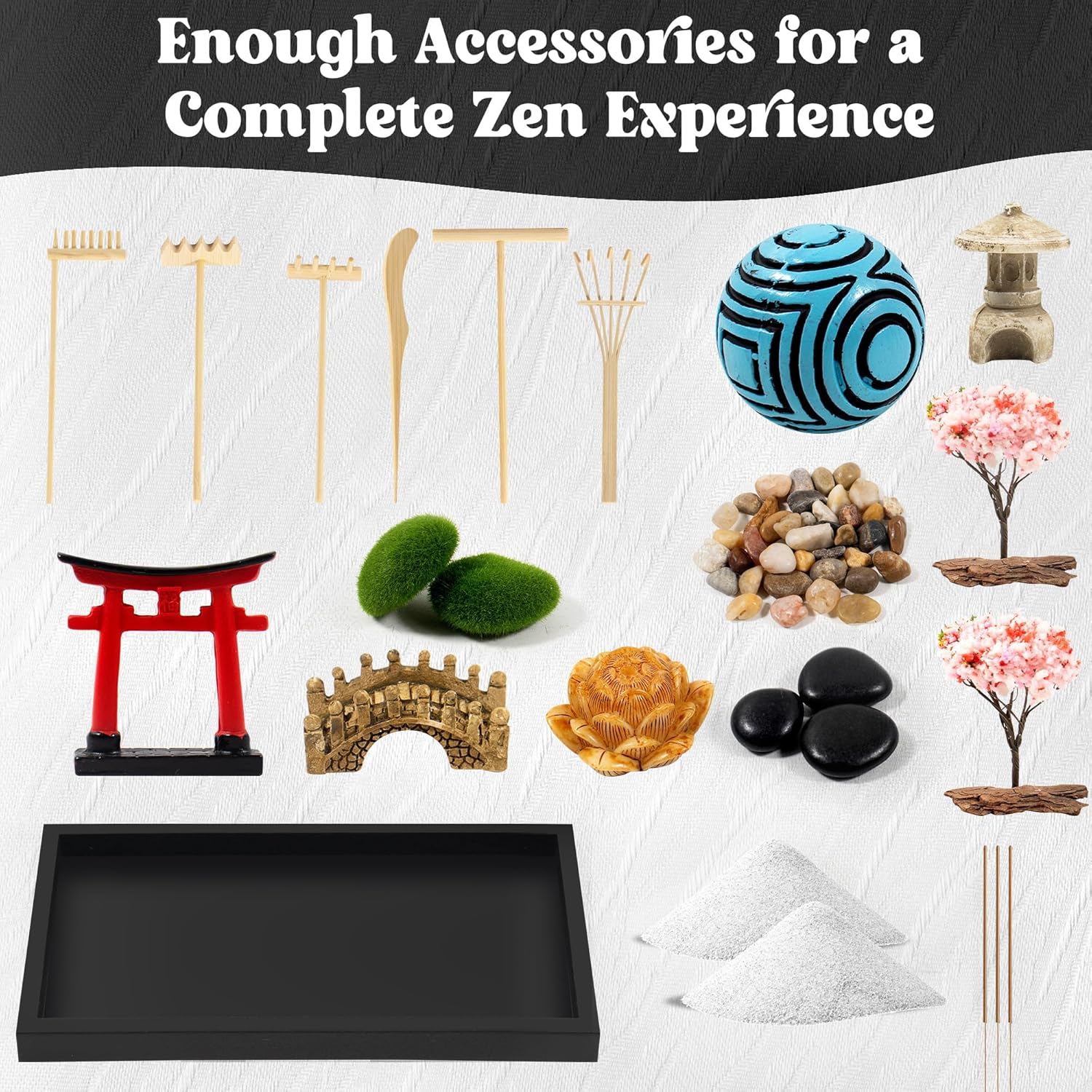 Zen Garden Kit for Desk Decor &ndash; Japanese Mini Zen Sand Garden with 10+ Tools & Accessories, Bamboo Rakes, Torii Gate, Incense Holder & Gift Box &ndash; Stress Relief Desk Ornament for Home & Office image number 6
