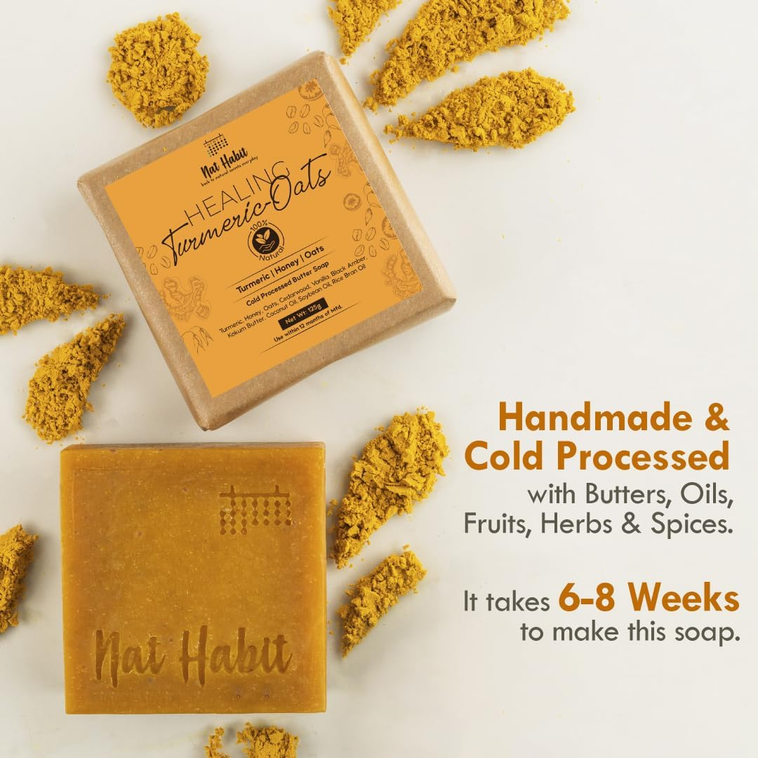 Nat Habit Healing Turmeric-Oats & Sacred Neem-Basil Butter Bath Soap, Anti-Bacterial with Cold Processed, Body Acne, Pimples & Tan Removal (125G X 2, Combo) image number 3