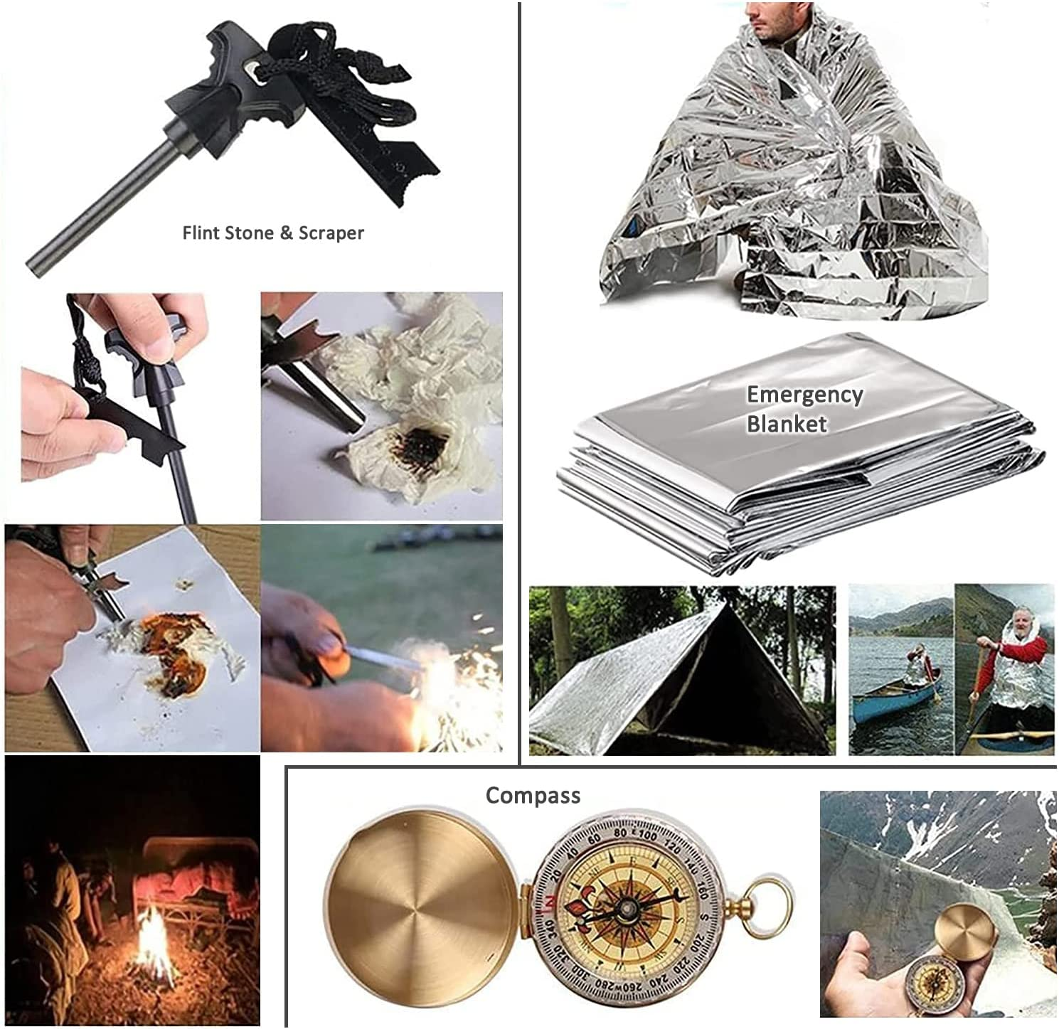 Survival Kit,13 in 1 Survival Gear and Equipment, First Aid Kit with Survival Emergency Knife Blanket Flashlight Compass Multispork Whistle Screwdriver for Camping Adventures image number 3