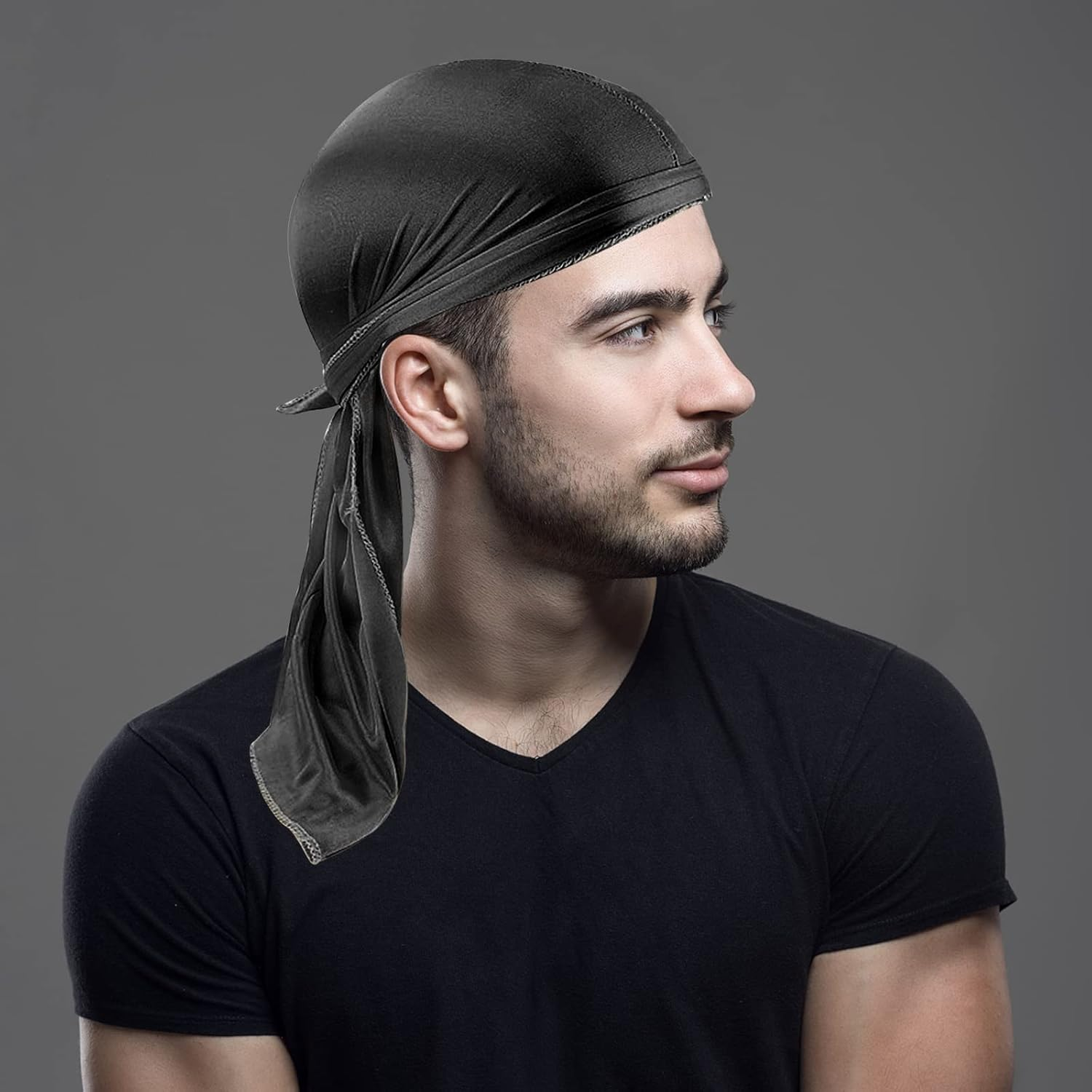 2 Pieces Long Tail Durag, Unisex Silk Durag 360 Waves Headwraps Wide Straps Pirate Hair Loss Chemo Cap Bandana Turban Hat for Women and Men Hip-Hop - Black+Grey image number 6