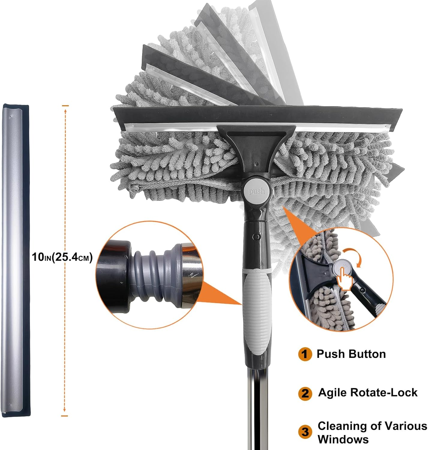 20+ Feet Reach 2 in 1 Window Washing Squeegee & Duster with 3-14 Ft Detachable Extension Pole // Window Cleaning Tool & Window Washer Squeegee for Home Indoor Outdoor Window Washing (Grey) image number 6