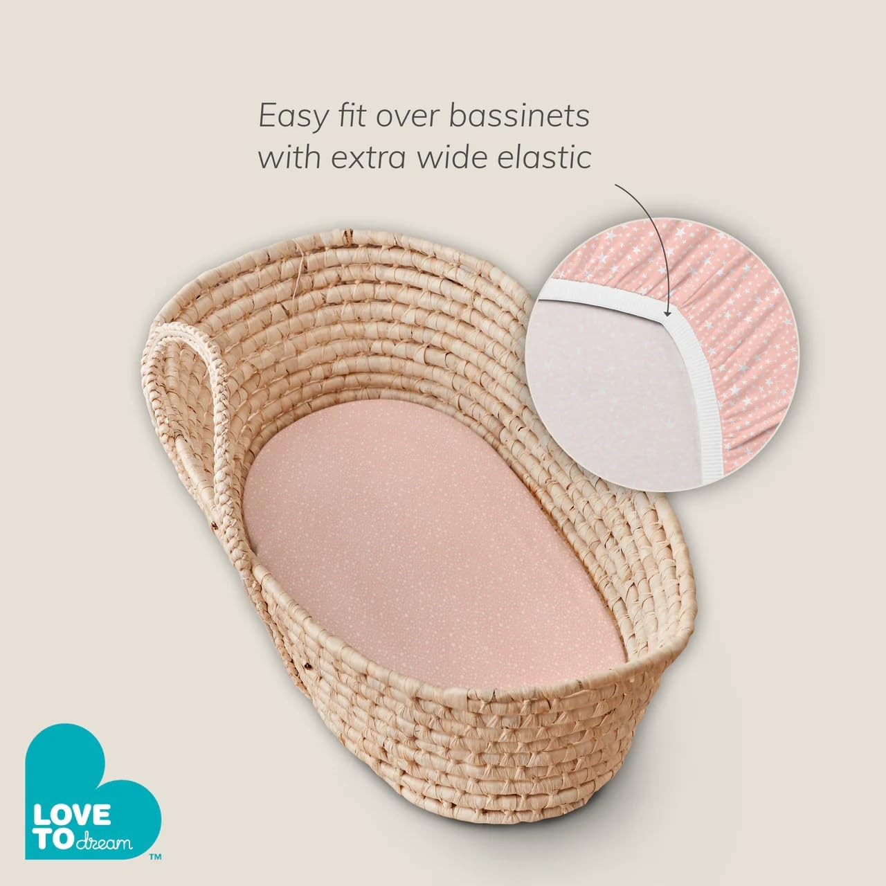 Love to Dream Fitted Bassinet Sheet Twin Pack | 100% Cotton, Soft Jersey Fabric, Fits Oval & Square Mattresses, Snug & Breathable Basket Sheet | Reusable Storage Bag, Stardust Olive image number 5