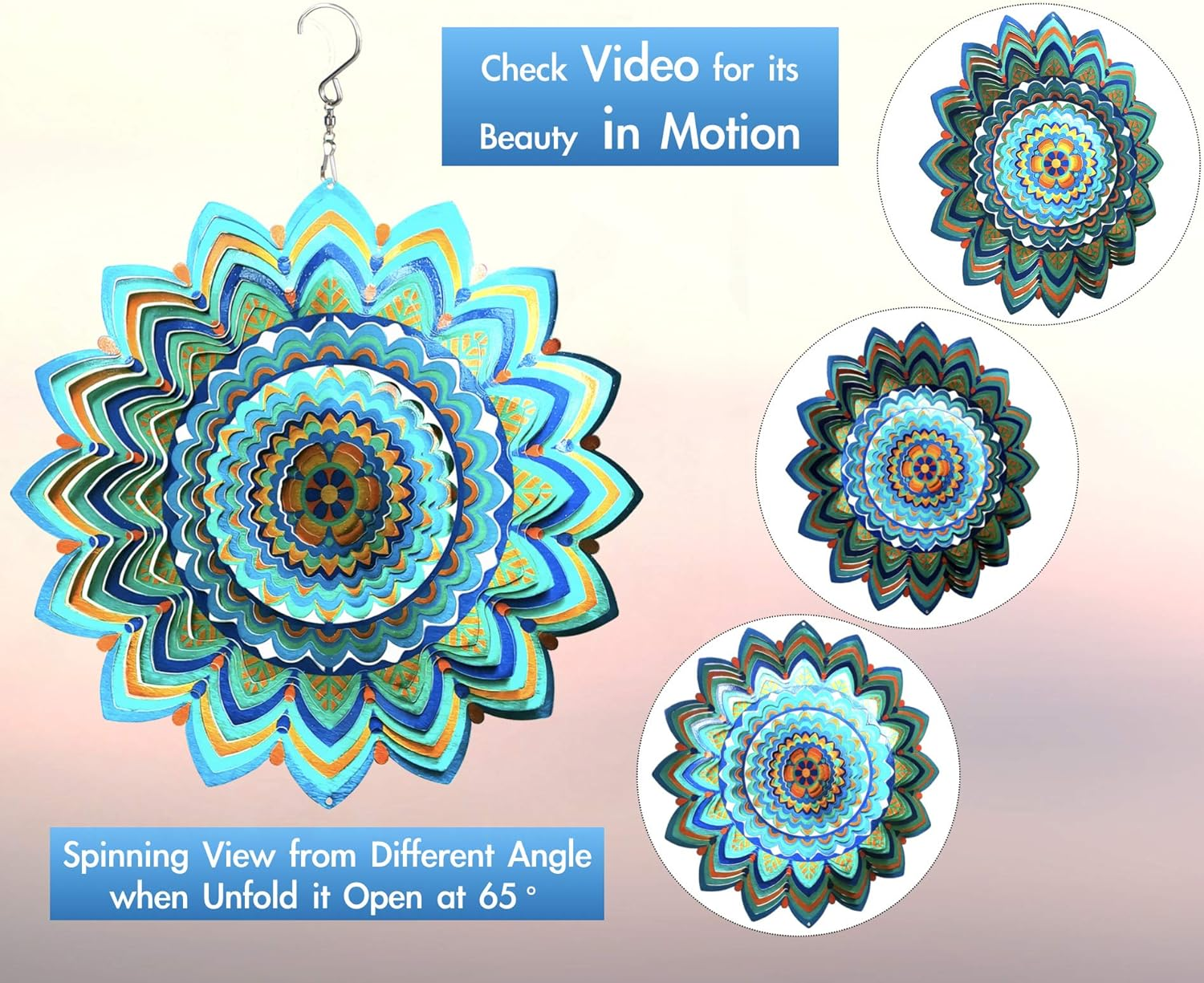 Hs'S Creation Wind Spinner Hanging Kinetic 19 Gauge 3D Metal with Swivel Hooks Sun Catcher for Outdoor Garden Decoration Handcrafted Art Gift Ornaments Sculpture Mandala Lucky Halo 12 Inch image number 6