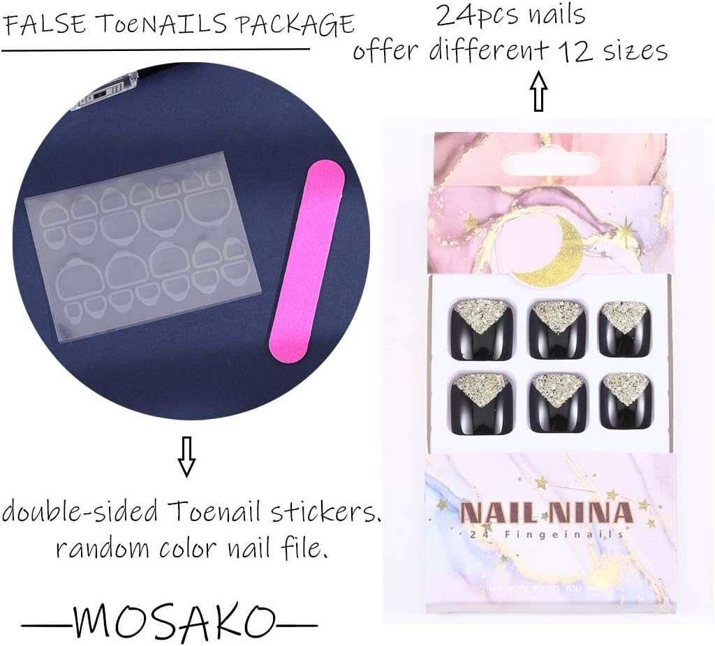 Mosako Glitter Sequins Press on Toenails Short Square Fake Toenail Sparkle Paillette Glossy False Toenail Full Cover Toe Nail Tips Designer Fancy Feet Nails Manicure for Women and Girls 24Pcs (Black-1) image number 1