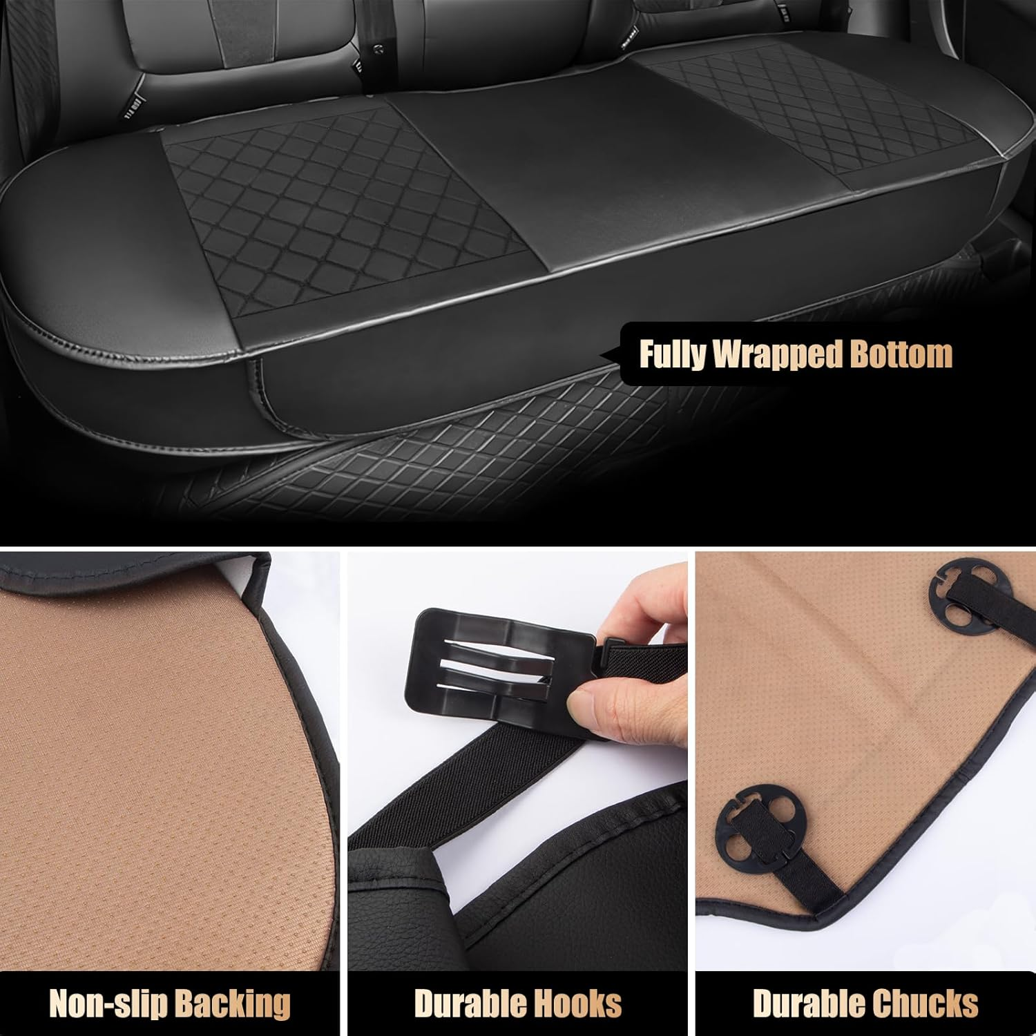 Car Seat Cover 3Pc PU Leather, Include 2 Pack Front Car Seat Cover and 1 Pack Rear Bench Cover, Edge Full Wrapping, Seat Protector for Seat Bottom with Storage Pocket, Anti-Slip,Universal, Black image number 2