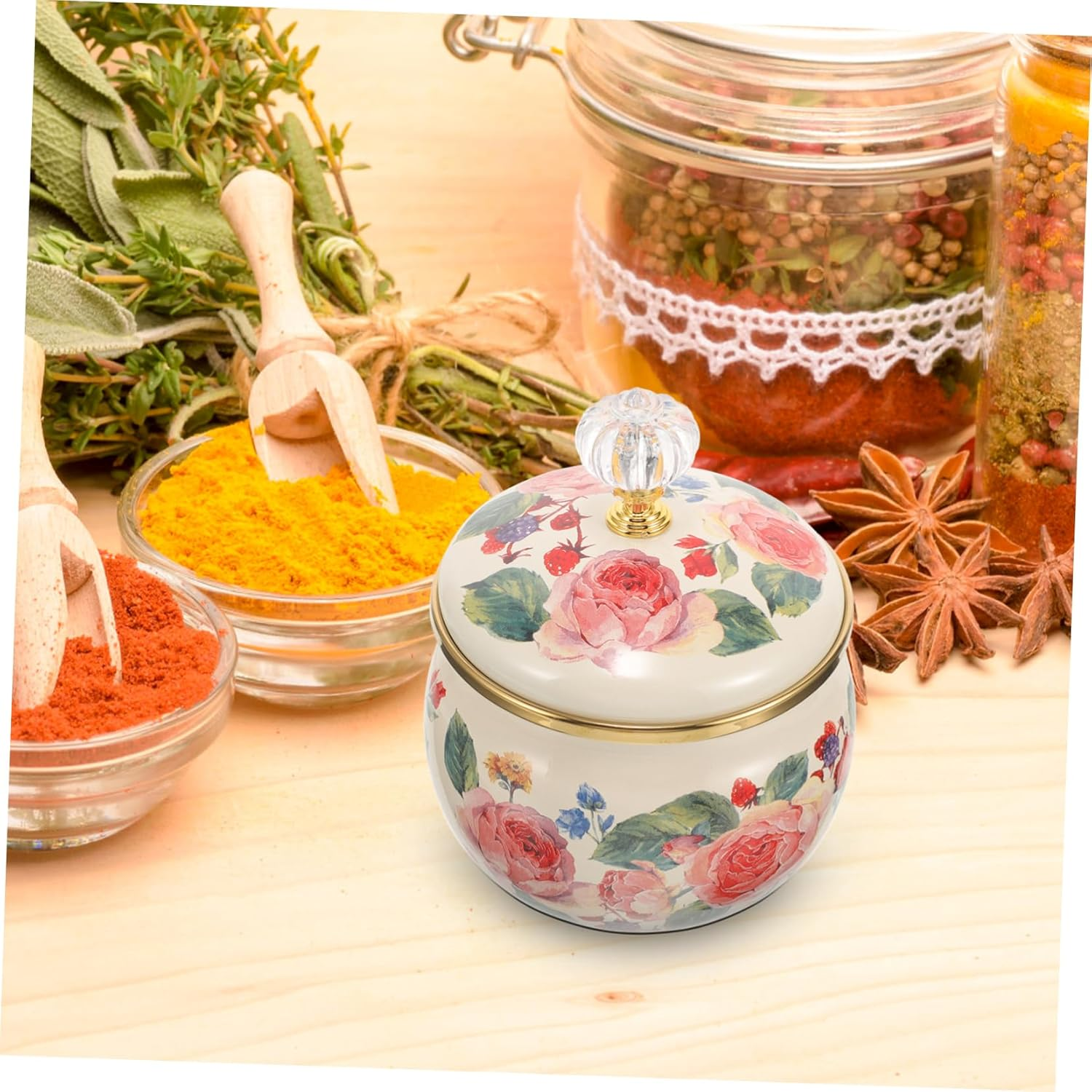 GRIRIW Enamel Spice Jar with Lid 9Cm Rose Pattern Multi-Function Ceramic Container for Kitchen Food Storage and Tea Sugar Canister Home Use image number 5