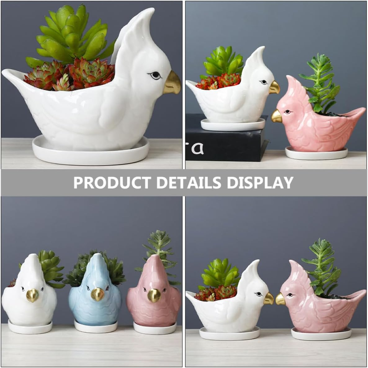 SEWACC Ceramic Succulent Flowerpot Set with White Parrot Design and Saucer, Creative Cartoon Animal Planter Pot for Indoor Gardening and Green Plant Decoration image number 3