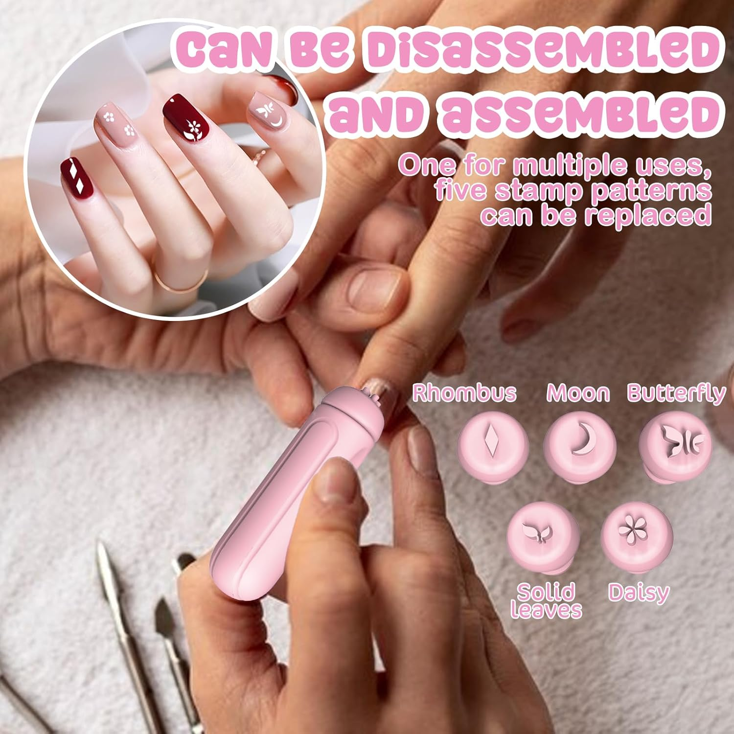 Nail Art Stamp Pen Set with 5-In-1 Silicone Nail Stamp Pen, 1 Nail Stamp, 1 Scraper, 1 Nail Pattern Printing Plate, Floral Pattern, French Manicure Stamping Tool for DIY Nail Art Designs image number 1