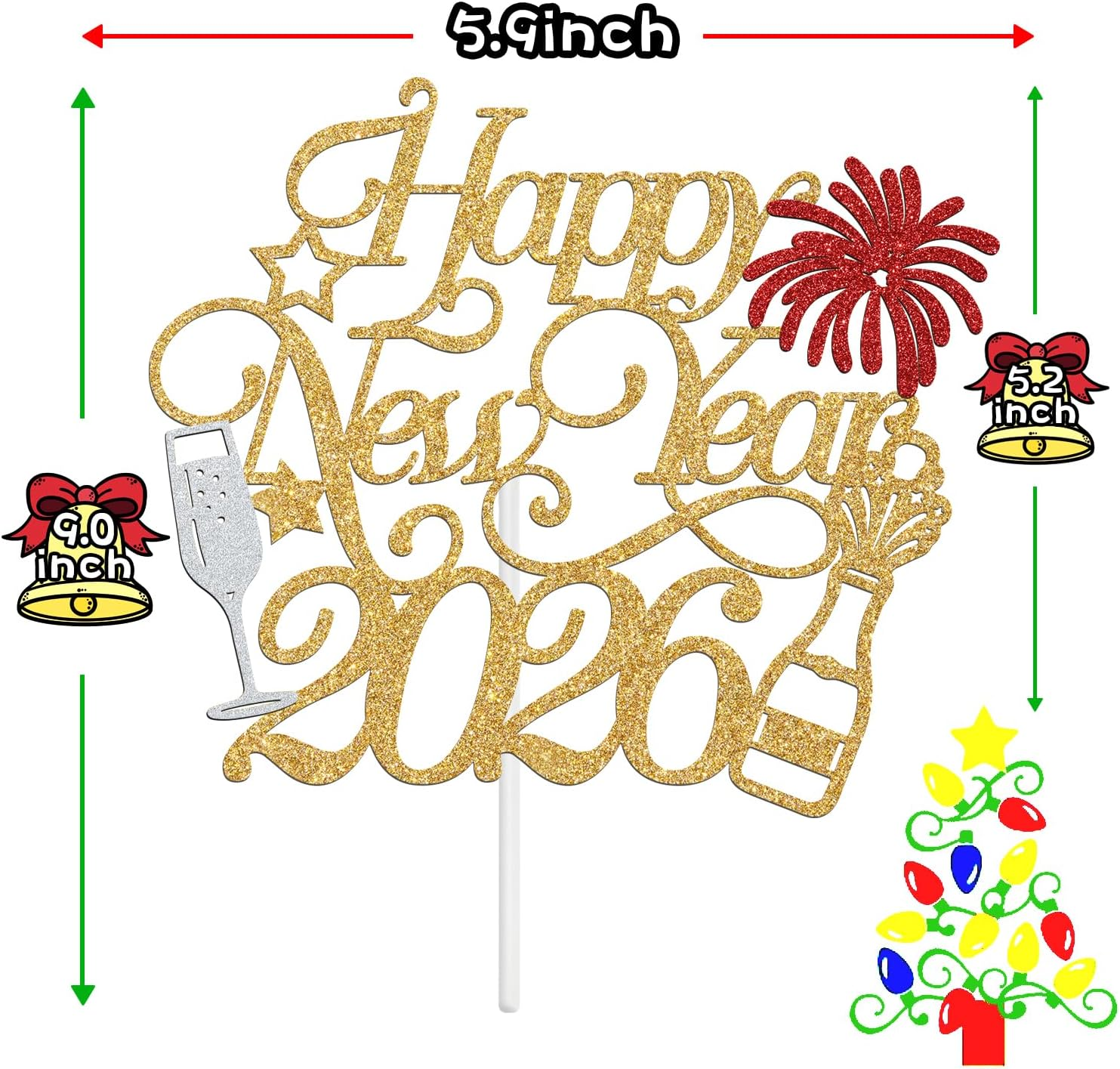 Happy New Year 2025 Cake Topper,Welcome 2025/Cheers to 2025, Happy New Year Night Holiday Party Decorations Supplies, Red and Gold Glitter image number 3