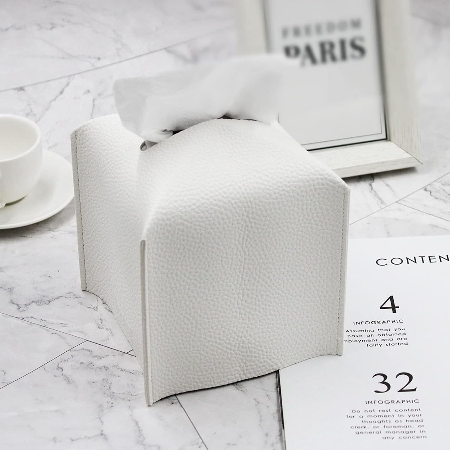 Tissue Holder White Tissue Box Cover, Square Decorative PU Leather Tissue Box Holder with Bottom Belt, JOMWEN Paper Organizer Dispenser for Home, Car, Hotel, Office 5"X5"X5" (Off-White)