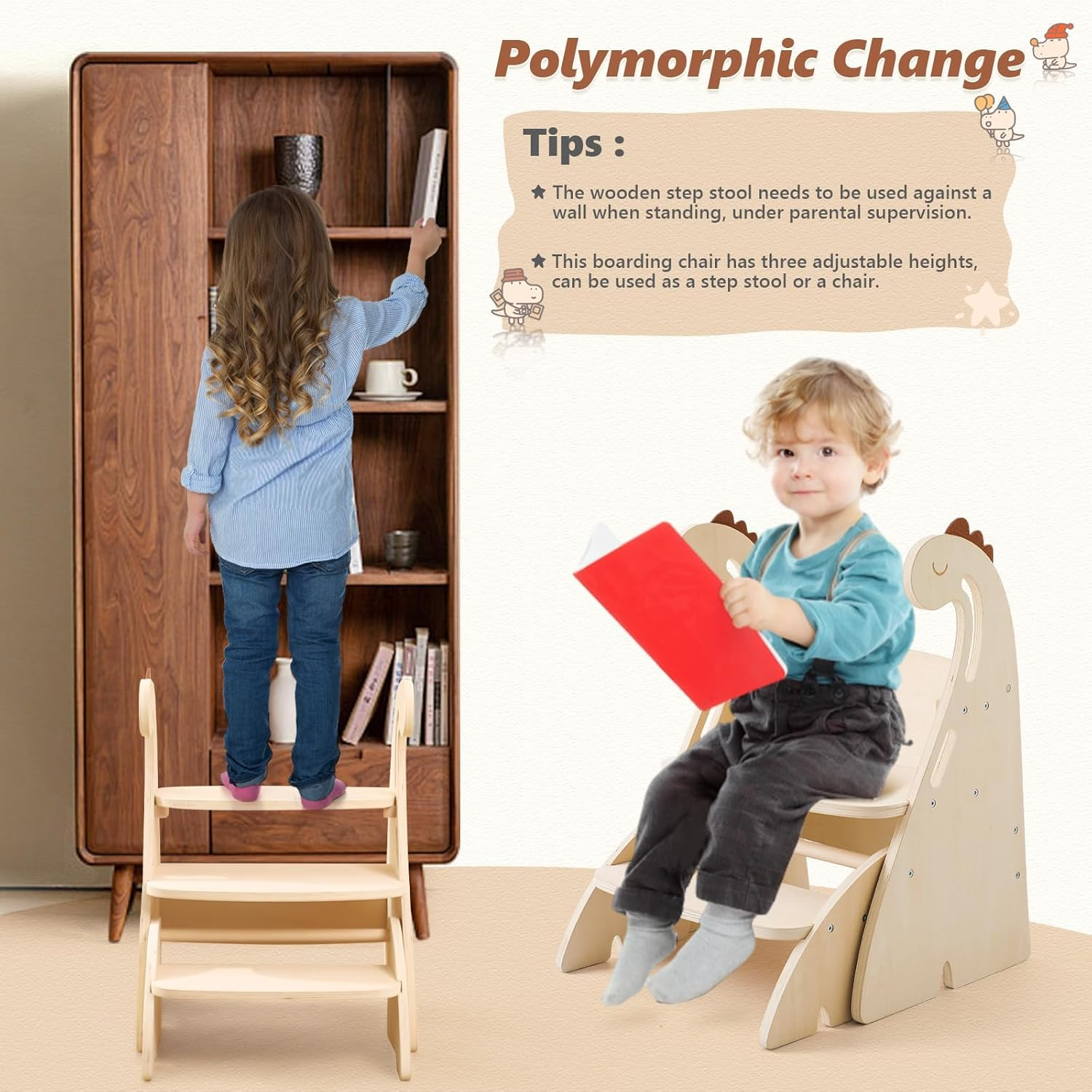 Promise Babe Toddler Step Stool, Adjustable 3 Step Stool for Kids, Toilet Potty Training Stool with Handles, Child Kitchen Counter Stool Helper Cute Wooden Ladder with Non-Slip Mat - Elephant image number 4