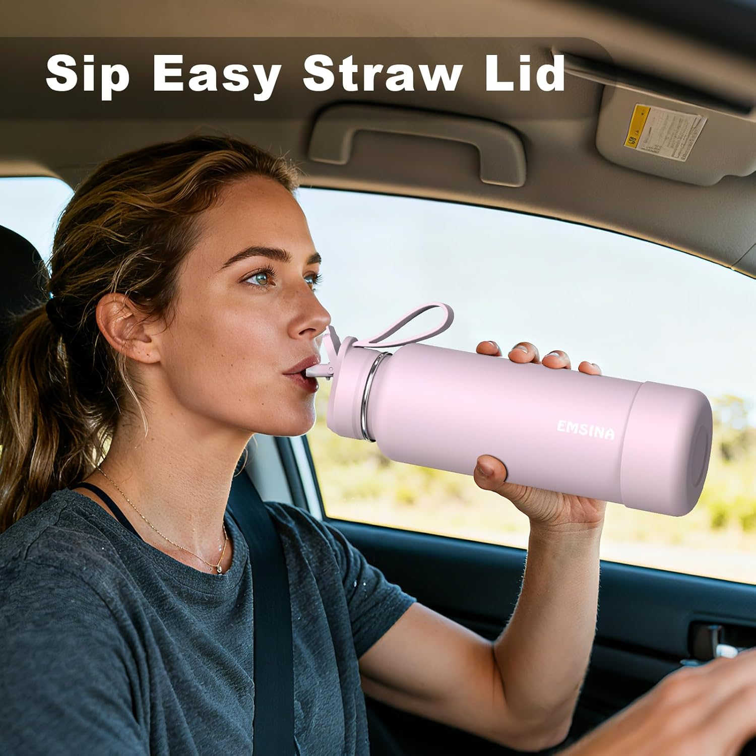 Emsina 1 Pack Insulated Water Bottle with Straw,24Oz/710Ml Stainless Steel Drinking Bottle,Leakproof Travel Cup with 2 Lids (Straw & Locking Chug Lid),Bpa-Free Sports Flask,Pink image number 6