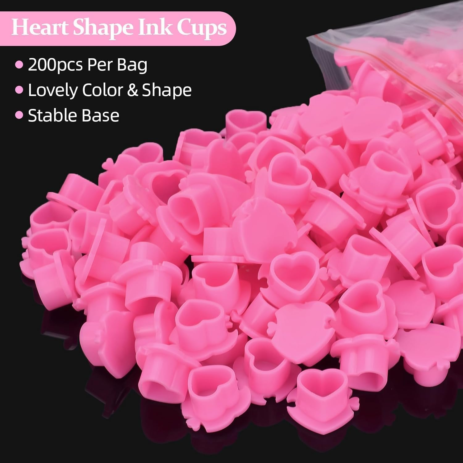 Heart-Shaped Tattoo Ink Cups with Base Pink, 200Pcs Pink Heart Design Silicone Ink Cups, Silicone Tattoo Ink Holders image number 6
