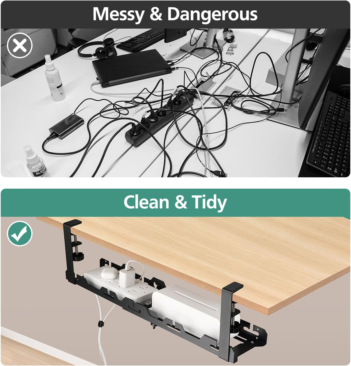 Under Desk Cable Management Tray,45-72Cm Adjustable Length Non-Drill Installation Cord Management for Home Office,Durable Carbon Steel Black