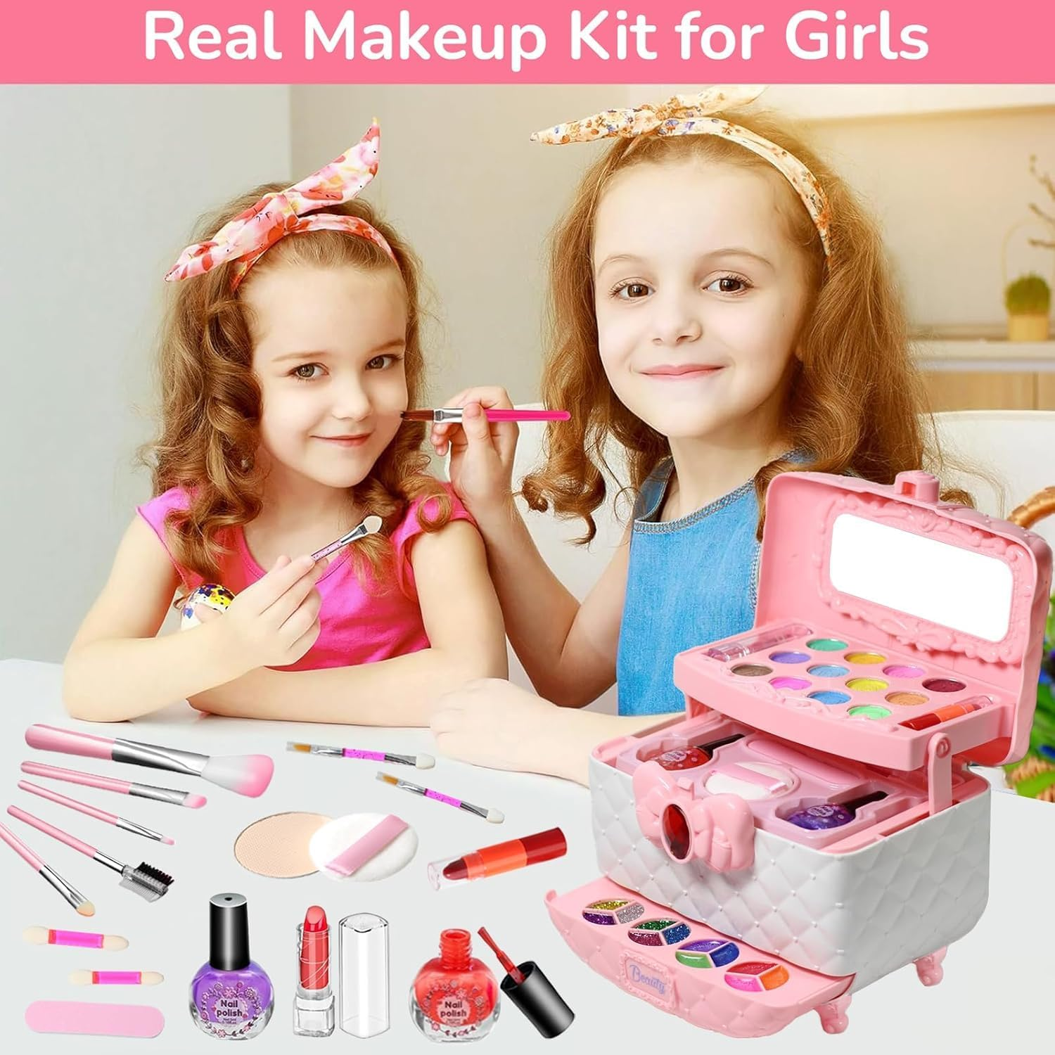 Kids Makeup Kit Toys - 41 Pcs Real Makeup Set for Little Girls - Prtend Play Cosmetic Case, Safe & Washable, Little Girl Makeup Set - Girls Toys Age 3-12 image number 2