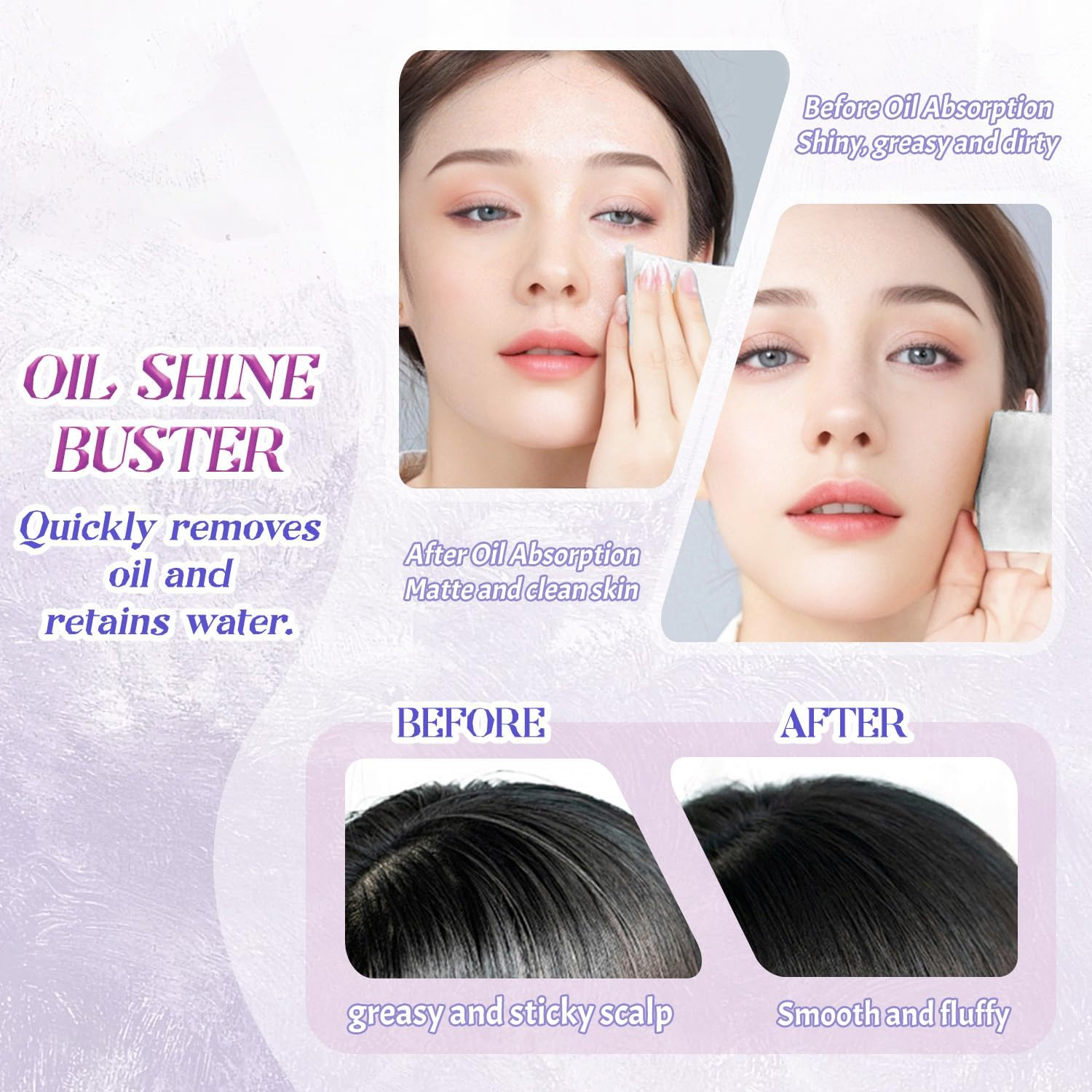 BOROLA 3-In-1 Lucky Girl Oil Blotting Paper Set for Face 100 Sheets Oil Absorbing Sheet with Portable Mirror & Adhesive Makeup Puff for Oily Skin, Design for Men & Women(Purple) image number 1