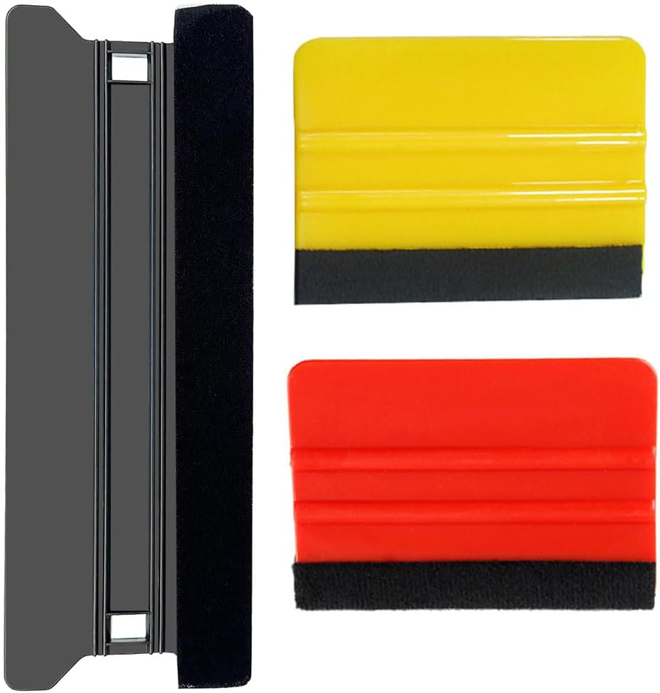 Vinyl Wrapping Tool Set, 21 Cm Felt Squeegee with 10 Cm Applicator, 3 Pieces, for Vehicle Tinting and Graphics (Black Red Yellow)