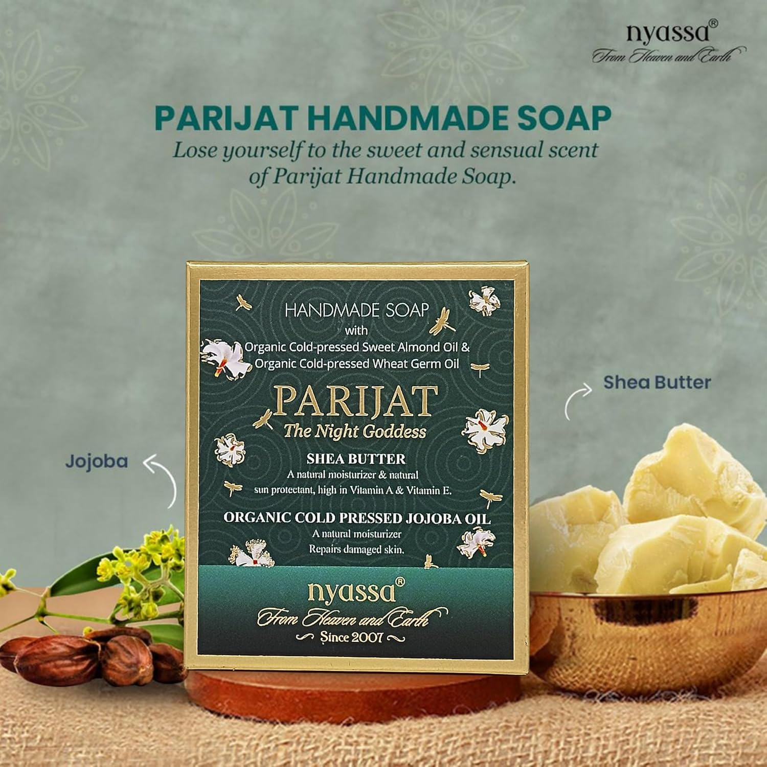 Nyassa Parijat Night Blooming Jasmine Handmade Soap 150Gm with Turmeric and Shea Butter. Paraben Free, Cruelty Free and 100% Vegetarian.