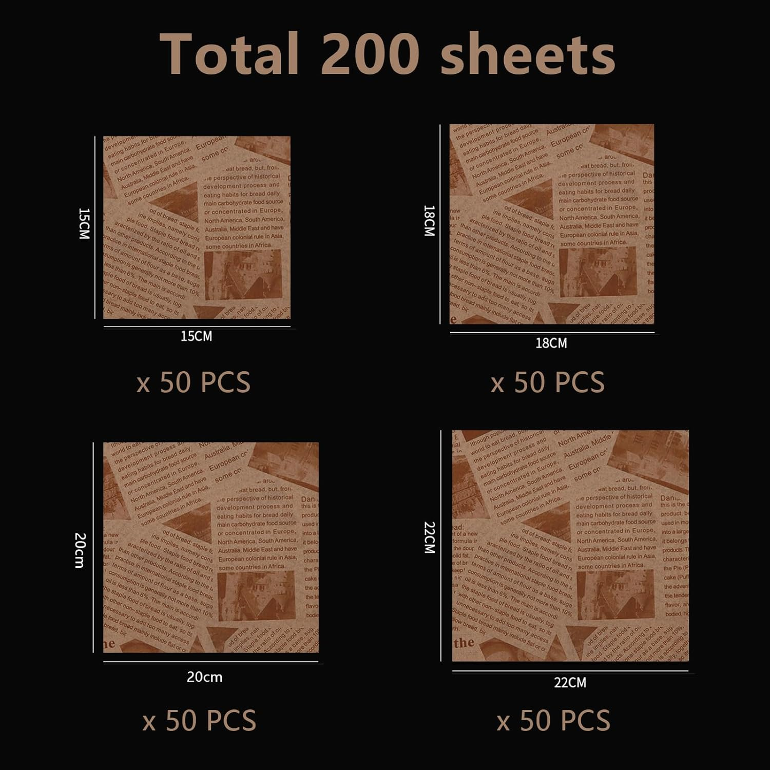 200 PCS 4 Sizes Newspaper Greaseproof Paper Sheets, Burger Cheese Wrapping Papers, Napkins Greaseproof Paper, Old Newspaper Baking Papers for Cheese Bread Sandwich Fries (22Cm, 20Cm, 18Cm, 15Cm) image number 4