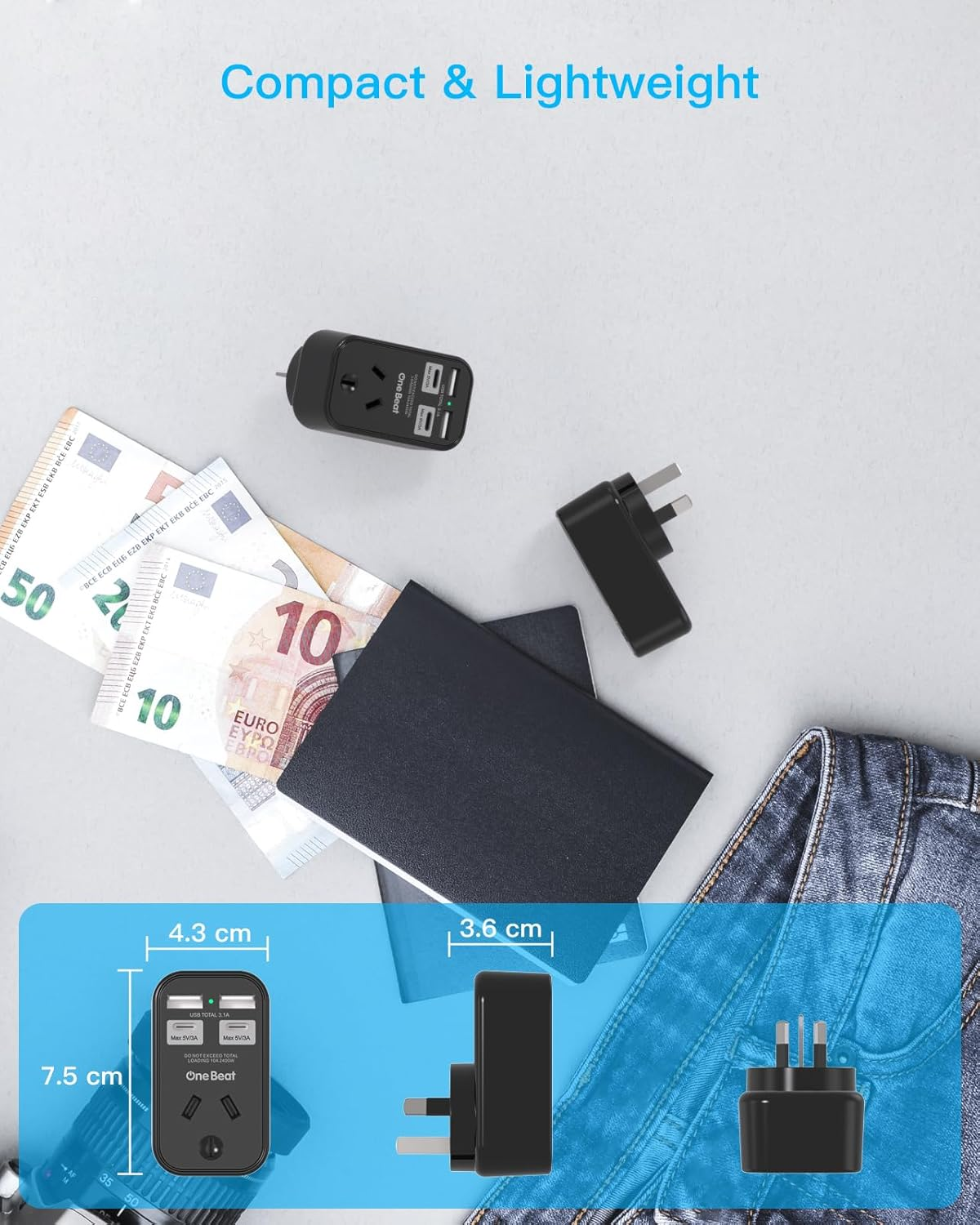 One Beat Power Board,Power Strip with 4 USB Ports(2 Usb-C),No Cord Extension Cord,Travel Power Plug,Travel Adapter Wall Plug,Cruise Essentials for Home,Office,Bedroom(Type I)-Black image number 2