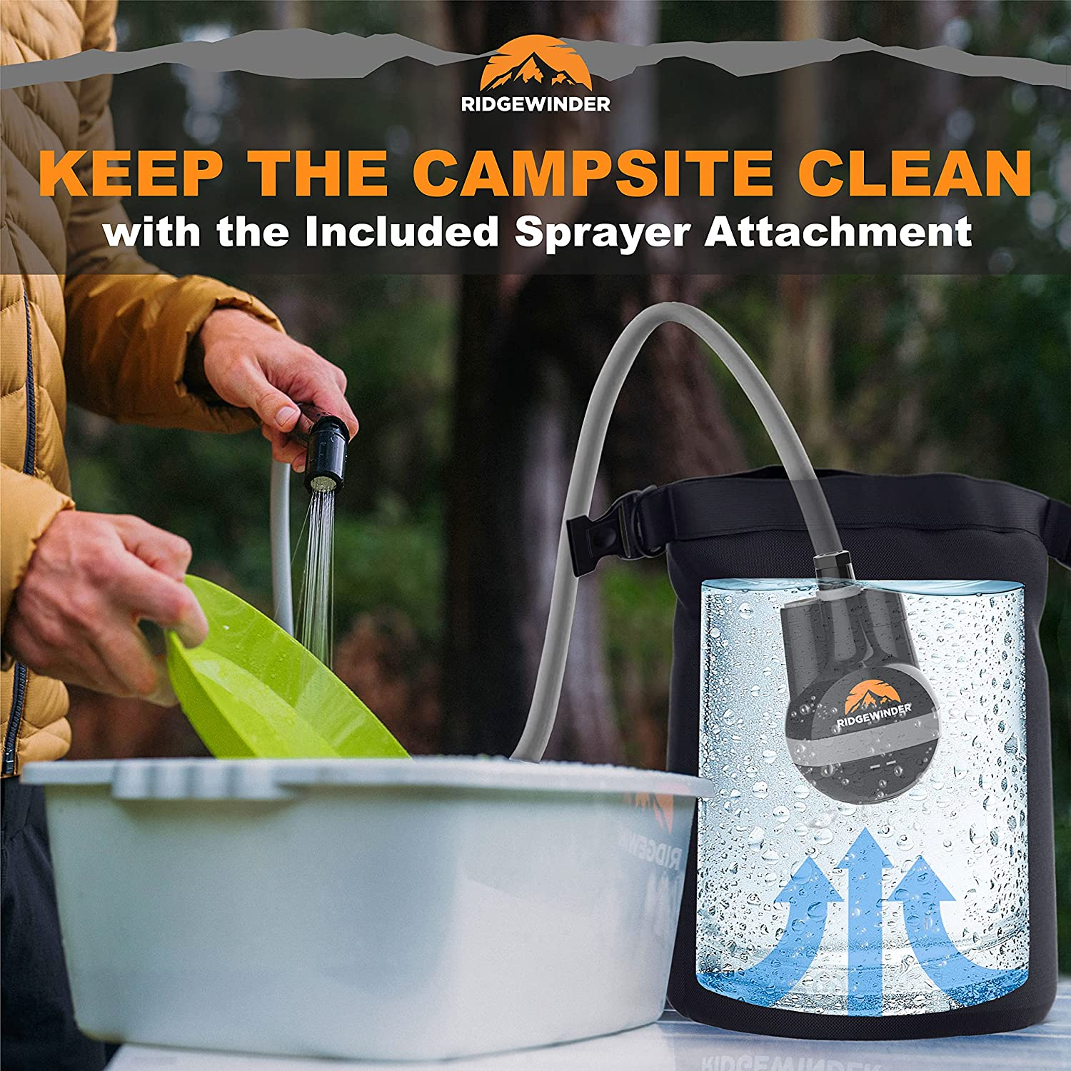 Ridgewinder Portable Shower for Camping with Dry Bag - Camp Shower with Rechargeable Battery and Included 10L Dry Bag for Water Storage. Complete Camping Shower in a Bag (+Sprayer Attachment). image number 5