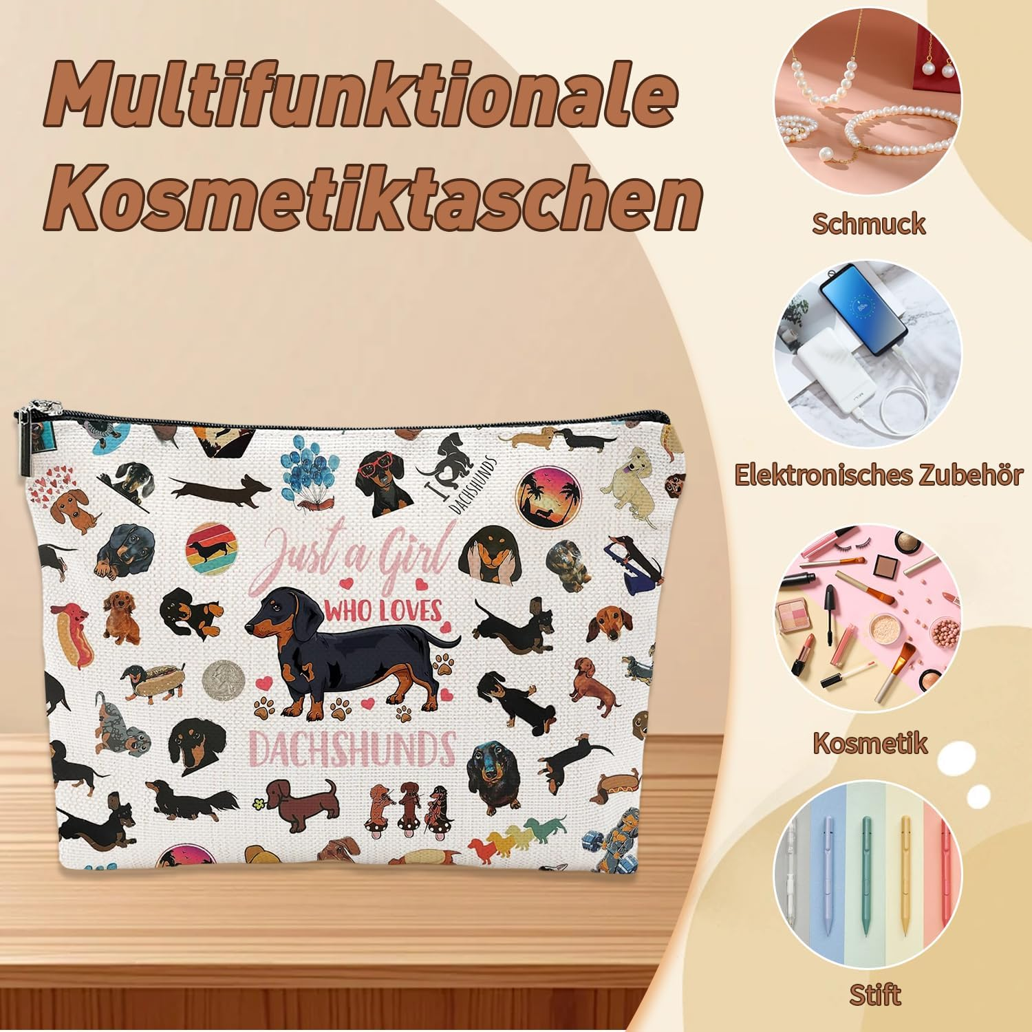 Cosmetic Bag for Girls Dachshund Makeup Bag with Zip for Girlfriend Dachshund Gifts for Animal Lovers Portable Toiletry Bag Women for Travel Everyday Life image number 3