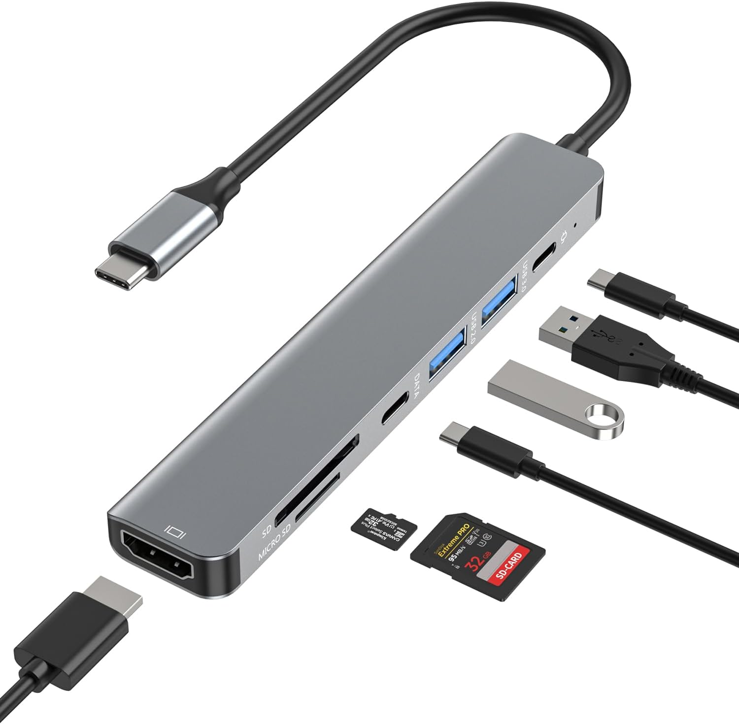 USB C HUB（7 in 1） Multiport Adapter 4K HDMI, USB 3.0, USB 2.0, SD/TF Card Reader, 5Gbps USB C Data Port, 100W PD Charging, Type C Dongle for Macbook, Macbook Pro, Macbook Air, DELL Etc.