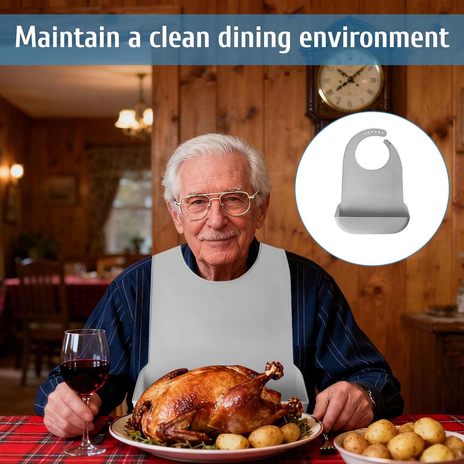 Silicone Bib, 2Pcs Adult Bib, Bibs, Silicone Adult Bibs with Crumb Catcher, Waterproof Clothing Protector, Reusable, Adjustable and Washable Bib, Suitable for Men, Women, Elderly(Blue/Grey)